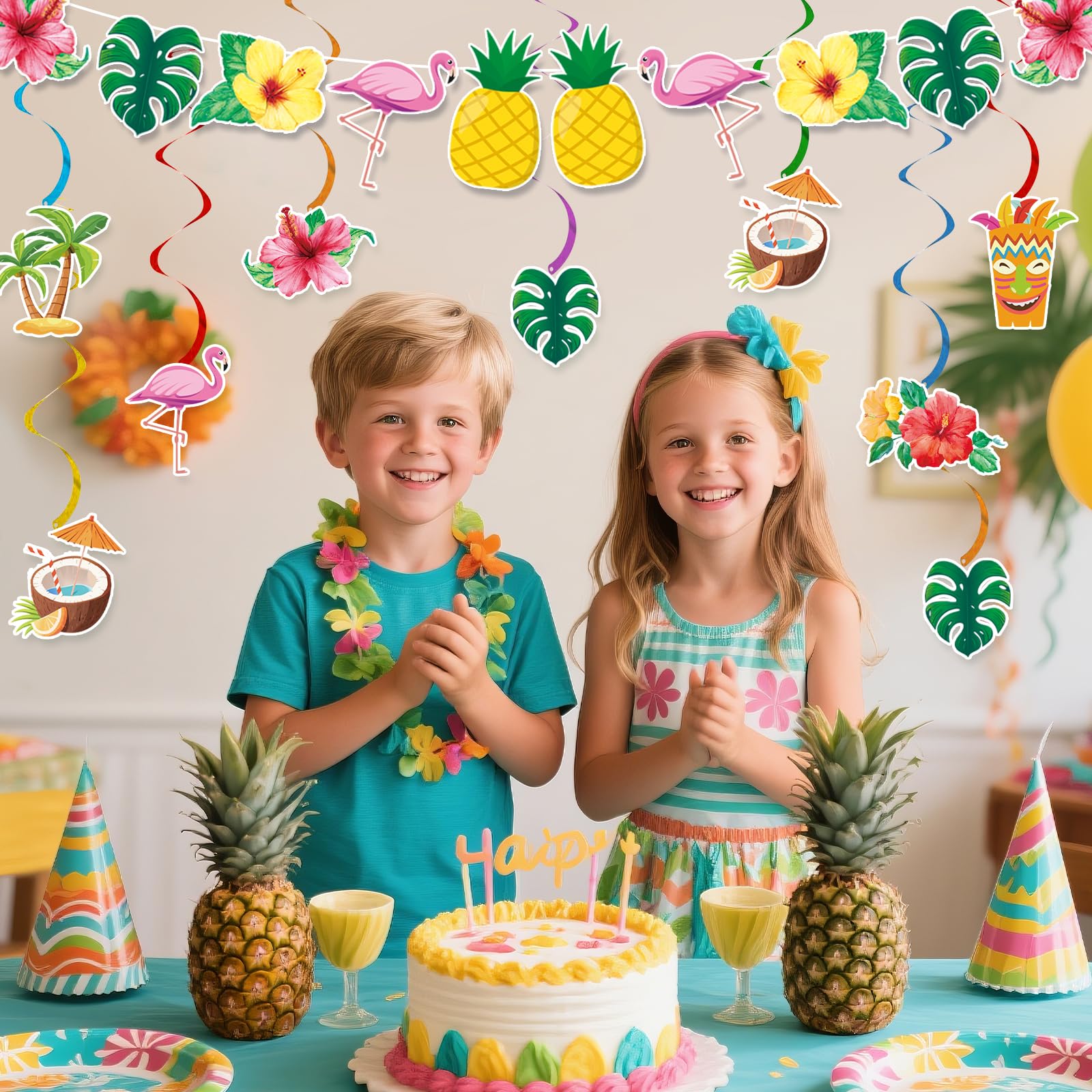 Pre-Strung Hawaiian Aloha Party Banner Decorations, Large Flamingo Tiki Tropical Party Decorations