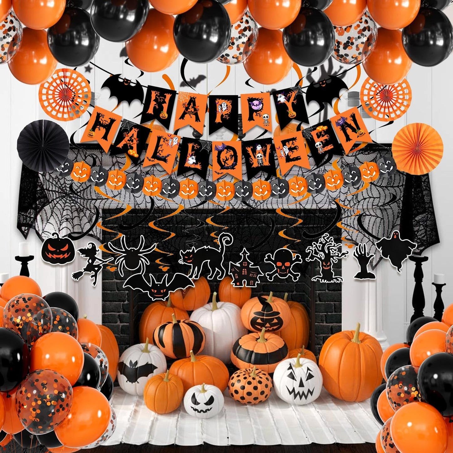 Happy Halloween Trick or Treat Banner Paper Fan Balloons & Swirl Streamers Goul Bat Cat Bird Ghost