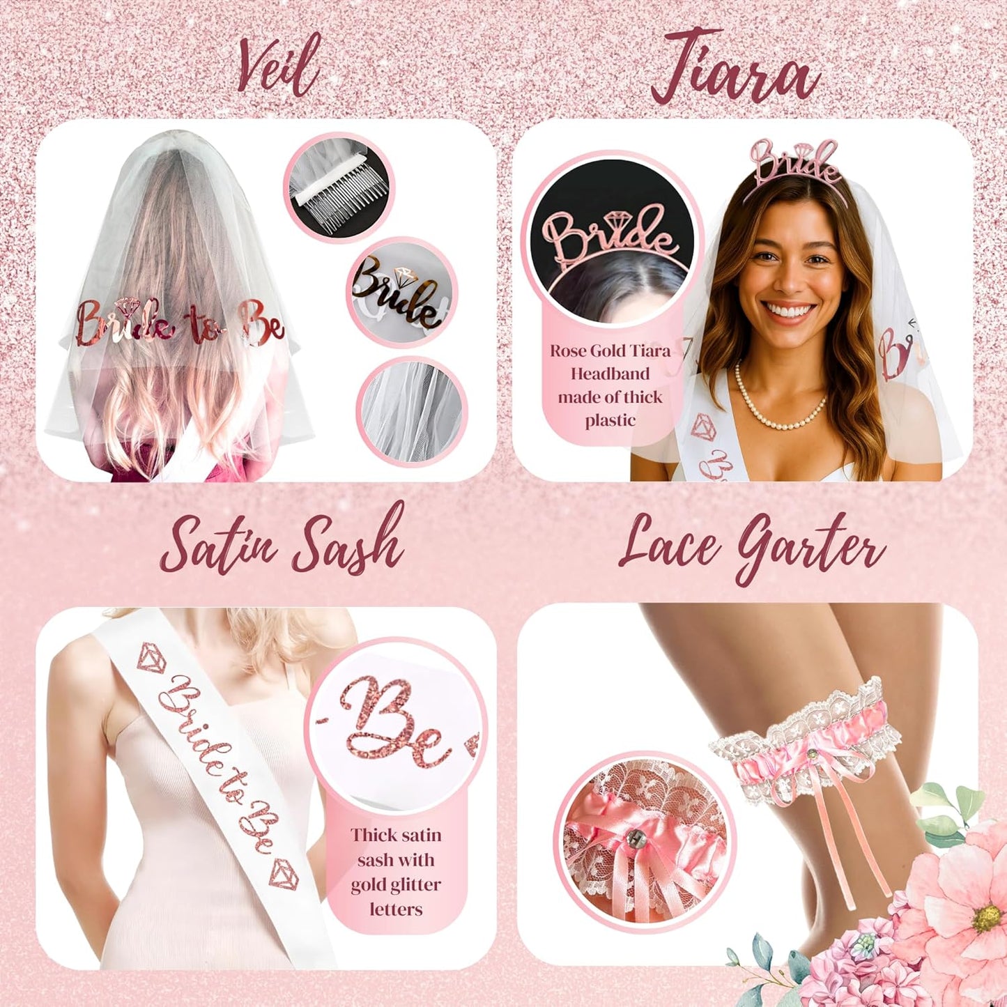 189 pc Bridal Shower Party Decorations – Balloons, Bride to Be Sash, Veil, Headband, Backdrop, Props – Pink Bachelorette Party Decorations for Engagement, Wedding, Rose Gold Bridal Shower Decorations