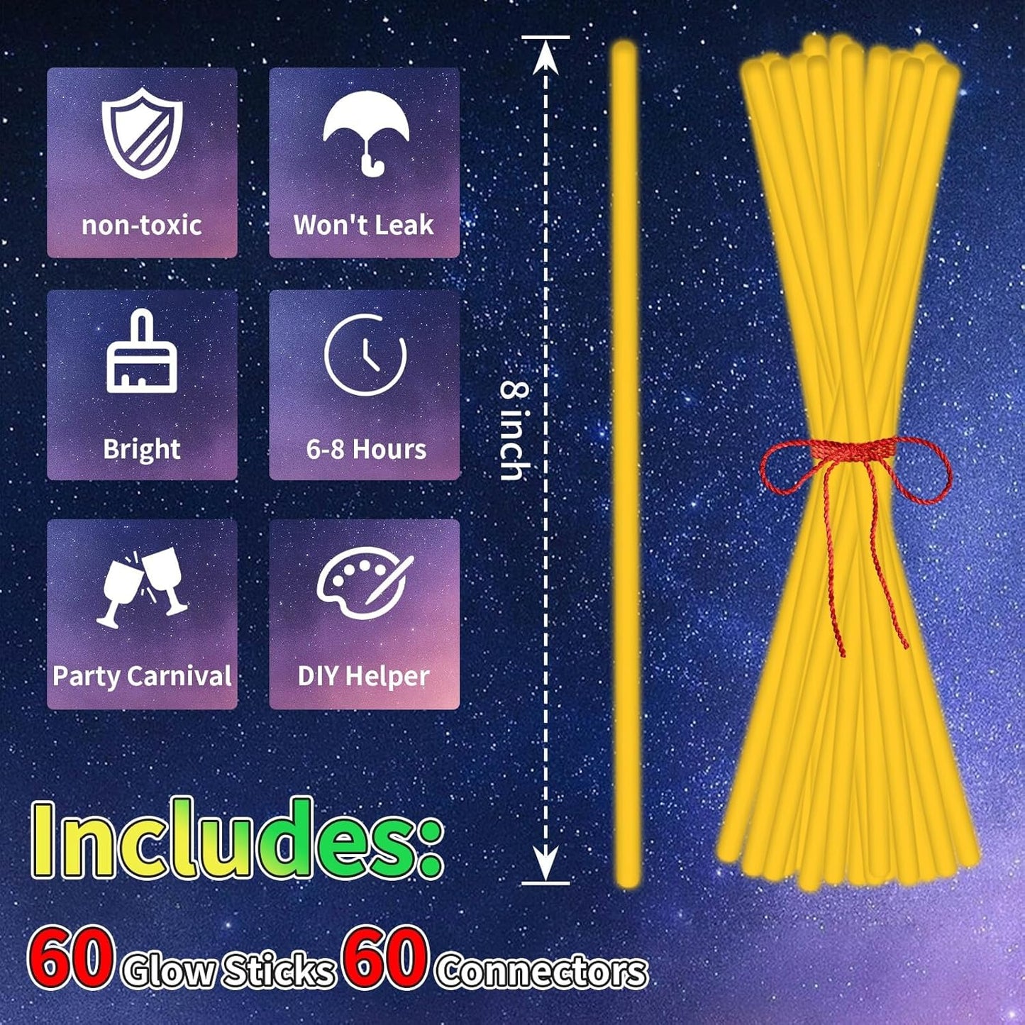 60 Pack 8” Orange Glow Sticks Bulk with 60 Connectors Neon Glow In The Dark Party favors Supplies for Holiday Birthday Party Decoration (Orange)