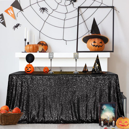 SquarePie Sequin Tablecloth 60 x 120 Inch Black Sparkly Table Linen for Halloween Wedding Party