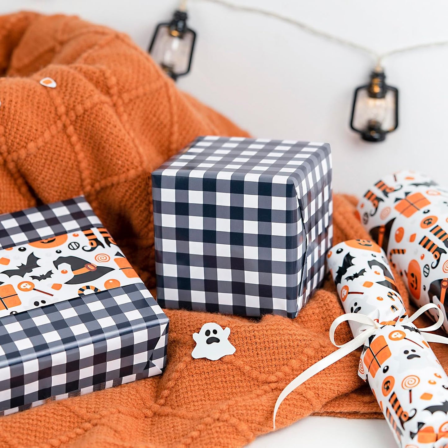 LeZakaa Halloween Wrapping Paper, Cute Pumpkin Witch Bat Candy Print, Buffalo Black White Plaid Reversible Design for Halloween, Nightmare before Christmas Holiday, Party, 17 inches x 32.8 Feet
