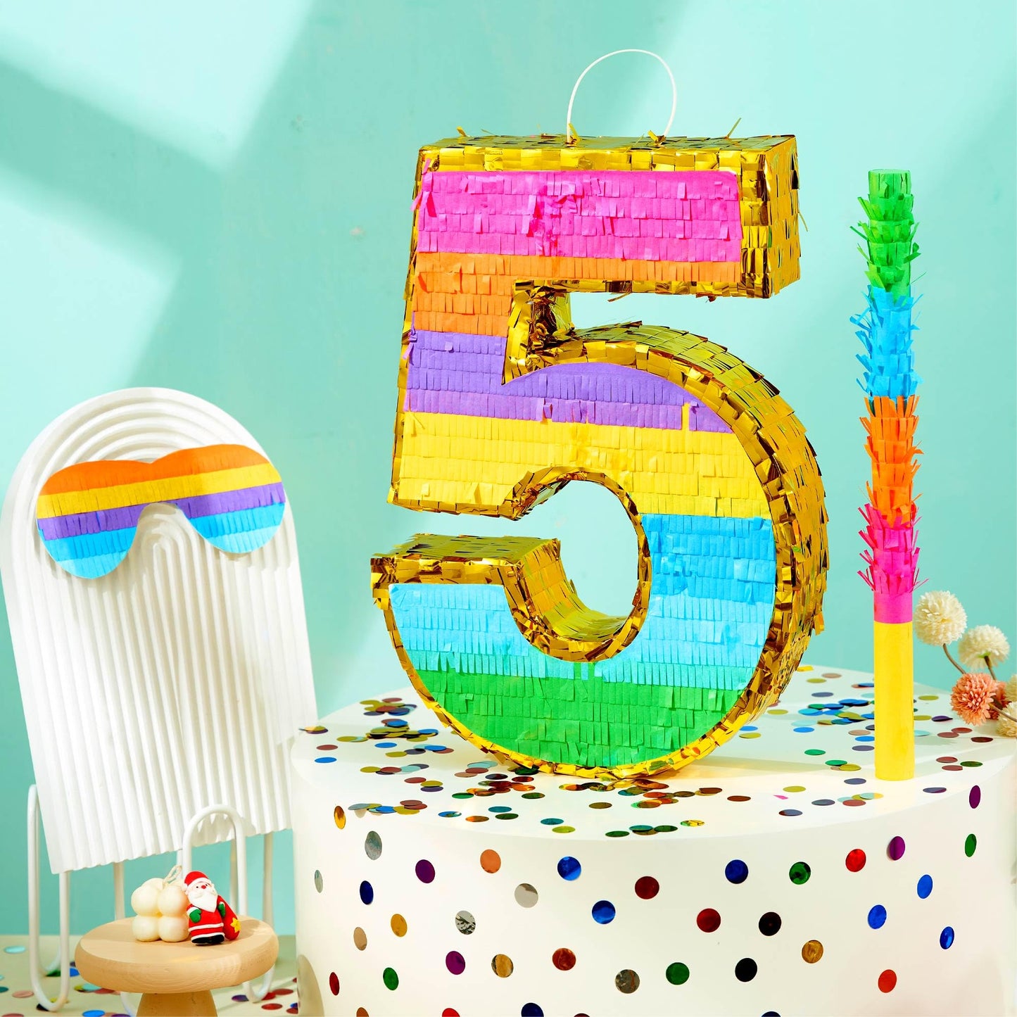 MUWOOB Rainbow Number 5 Pinata for 5th Birthday Party Decorations, Birthday Pinata with Stick