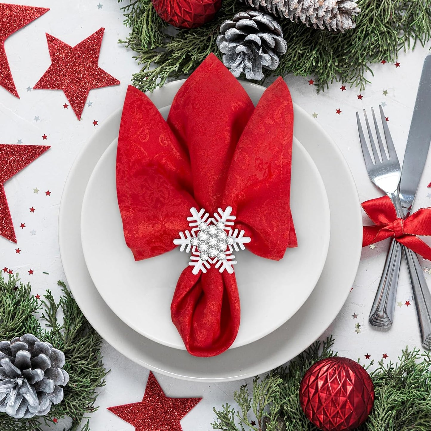 Halatool Christmas Napkin Rings Set of 8, White Snowflake with White Rhinestone Napkin Holder for Christmas Thanksgiving Winter Holiday Place Setting, Weddings, Party Table Decoration