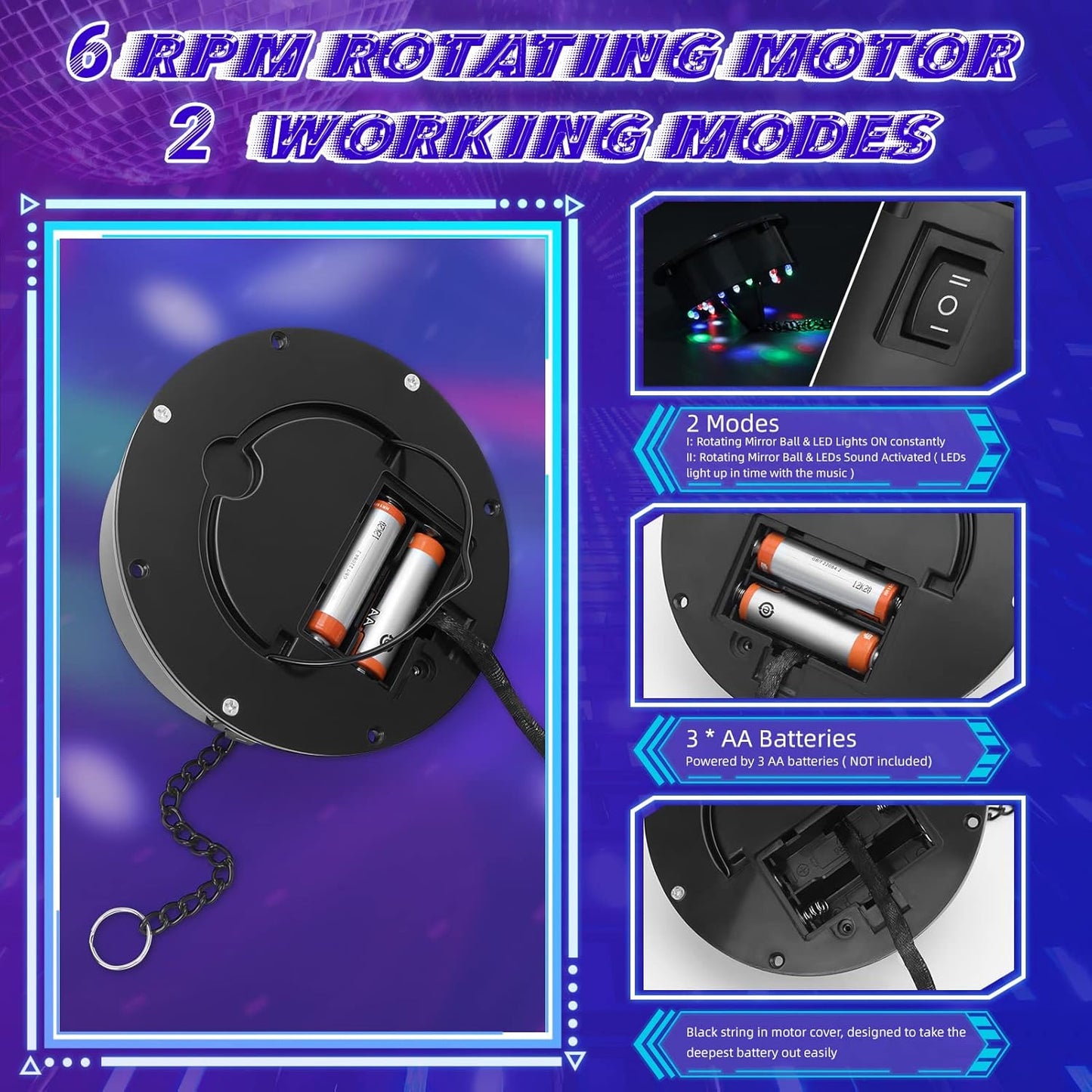 Disco Ball with Motor and Light, 8" Hanging Mirror Ball and 6RPM Batteries Powered Rotating Motor with 4 Light Colors and 18 LEDs for Disco Party Decoration, DJ Club