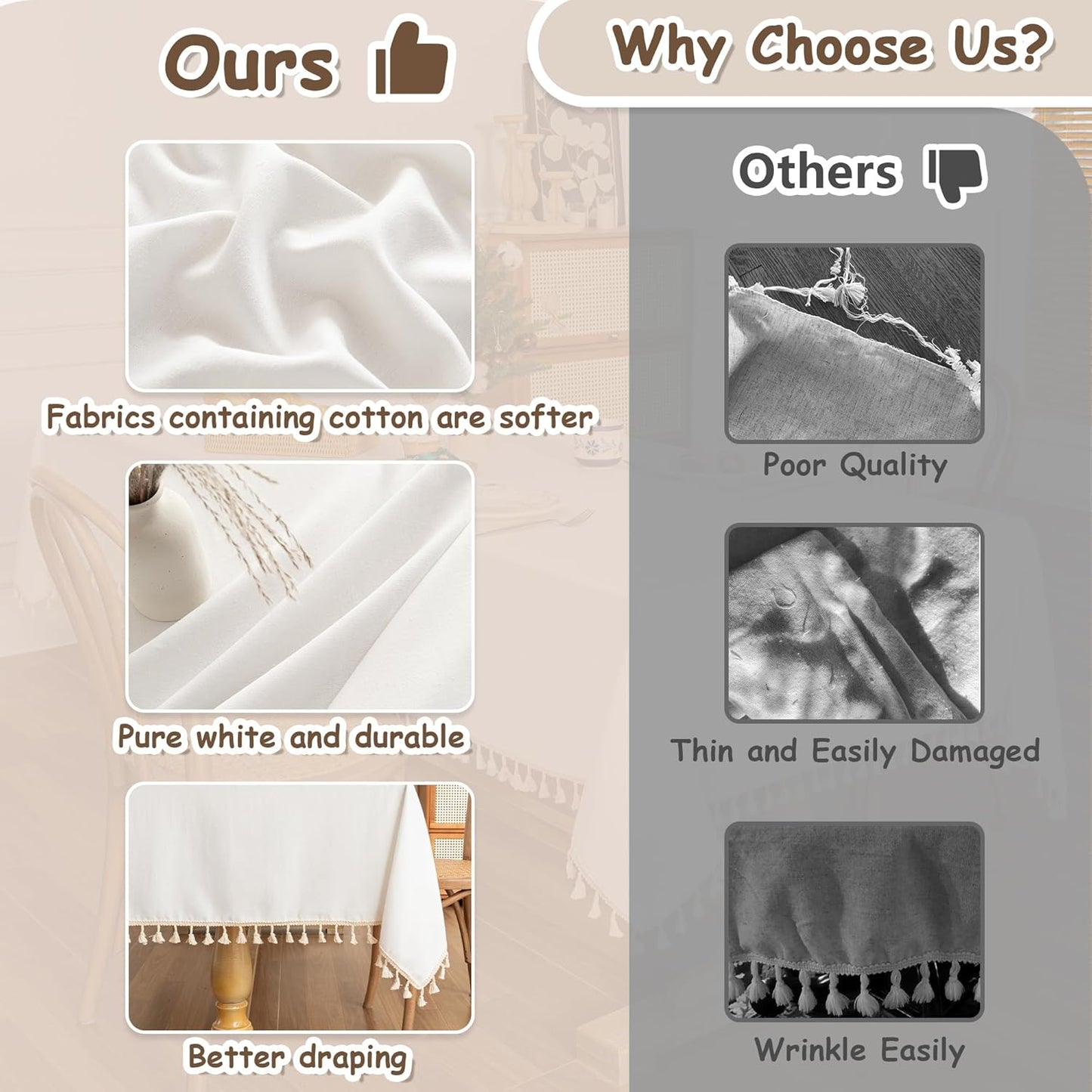 MYSKY HOME Table Cloth, Waterproof Tablecloths for Rectangle Tables, Cotton Rustic Tablecloths, White Table Coths Heavy Duty with Linen Tassels for Kitchen Dining, Party, Holiday, Christmas, 55''x86''