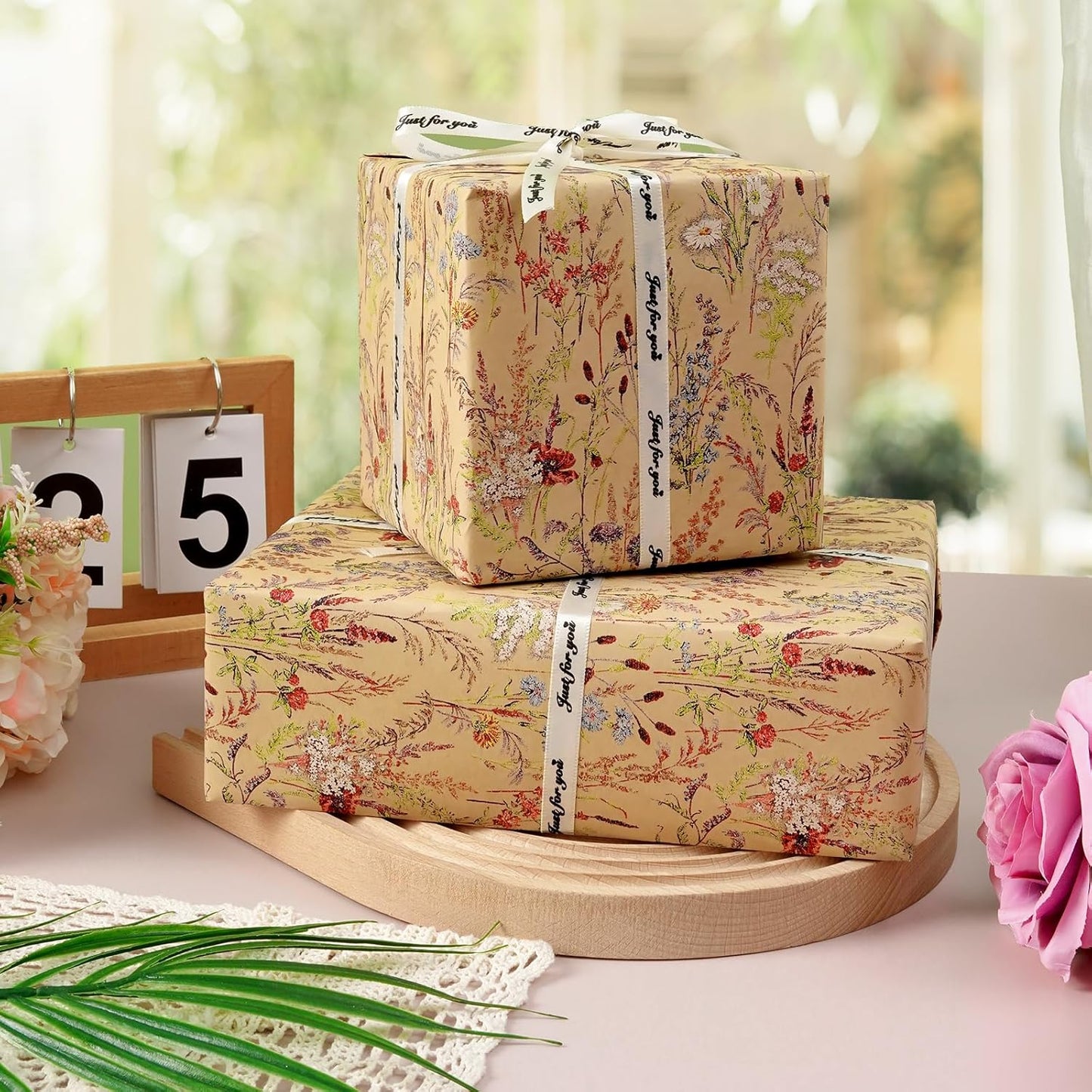 Tyzarglef Wild Flower Wrapping Paper Roll, 17 Inches x 32.8 Feet Kraft Floral Design Wrapping Paper for Women Girls Gifts, Birthdays, Weddings, Bridal Shower and Engagement