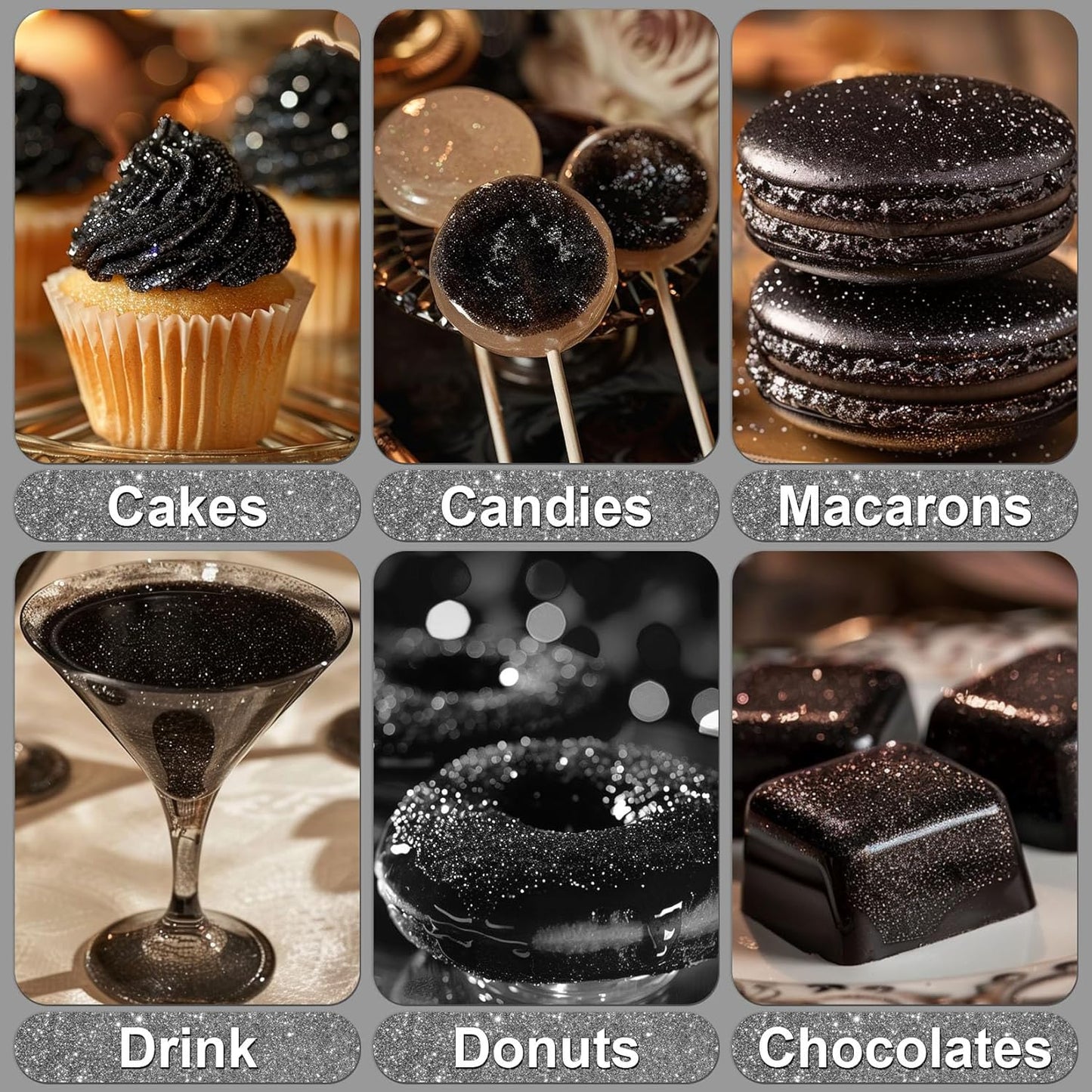 Black Edible Glitter - 5g Food Grade Cake Decorating Shimmering Glitter, Edible Sprinkle Luster Dust for Drinks, Chocolates, Fondant, Strawberries, Cupcakes, Candy, Cookie - Vegan