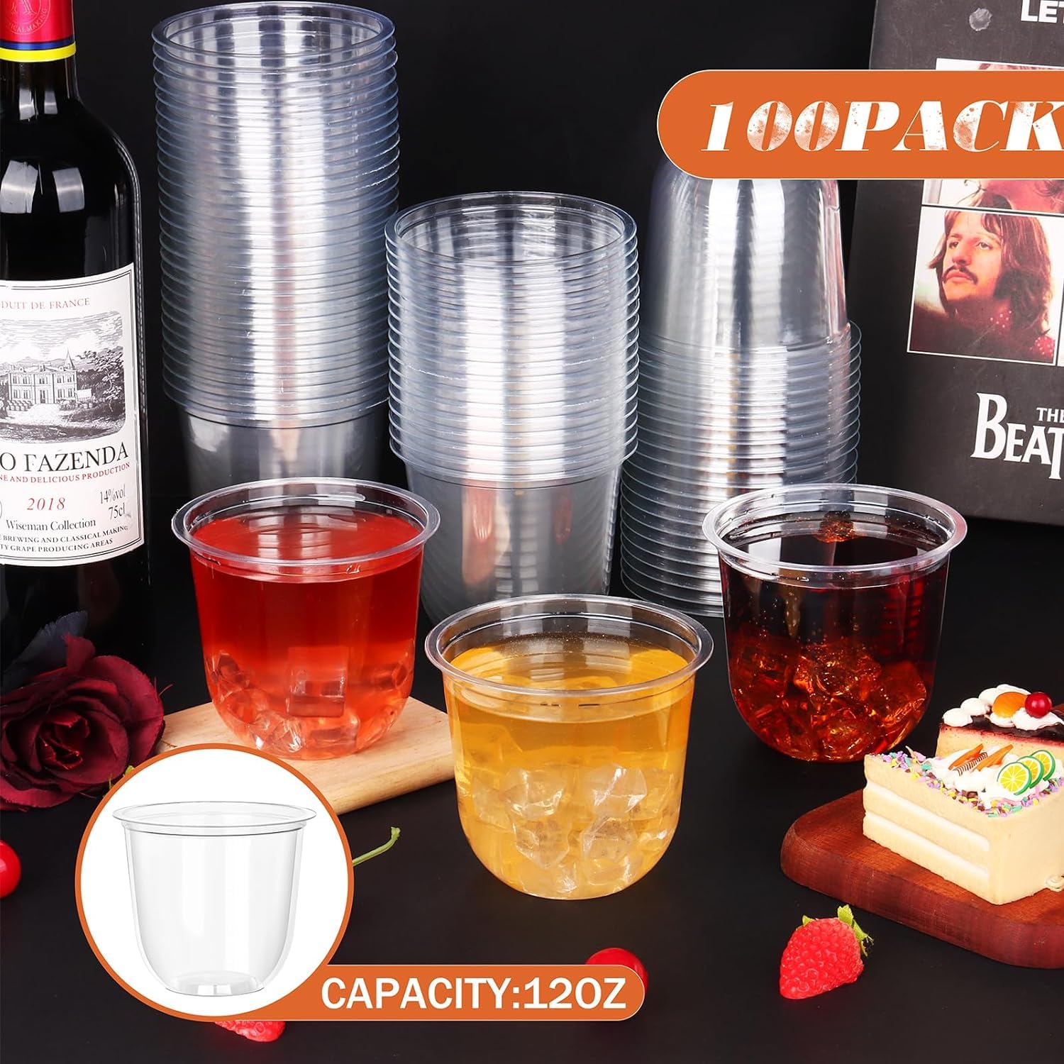 KesaPlan 100 Pcs 12oz Plastic Clear Cups, Disposable Wine Cocktail Glasses