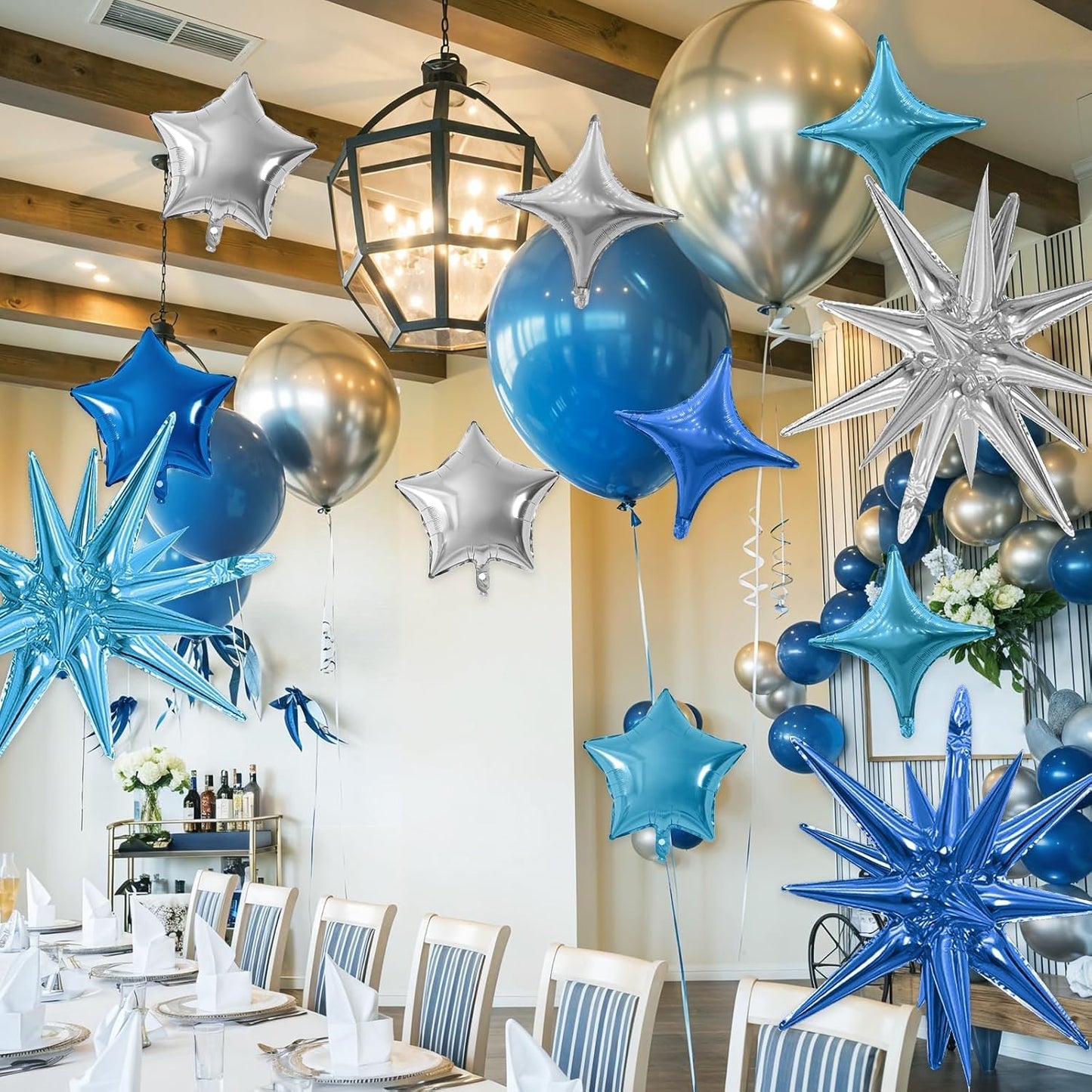 Blue Silver Star Balloon,16Pcs Star Foil Balloons Set with 22Inch Explosion Spike Cone Balloons and 10Inch Quadrangle Helium Balloon for Birthday Wedding Baby Shower Party Decorations