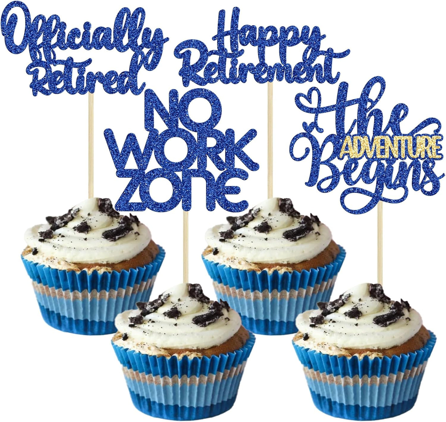 24Pcs Happy Retirement Cupcake Toppers Officially Retired Cake Toppers No Work Zone Adventure Begins Cupcake Picks Retirement Theme Farewell Birthday Party Decorations Supplies Dark Blue