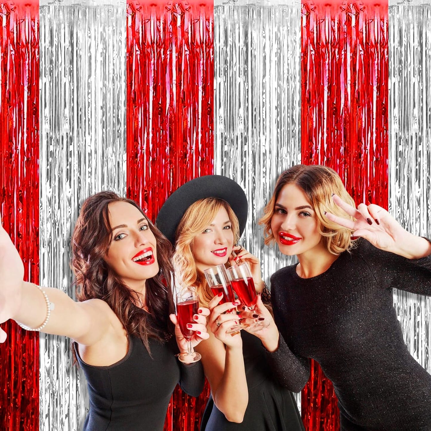 4 Pack Silver Red Foil Fringe Curtain Backdrop, 3.28Ft x 9.8Ft Metallic Tinsel Foil Fringe Streamers Curtains for Photo Booth, Wedding, Circus Welcome Carnival Birthday Party Decoration