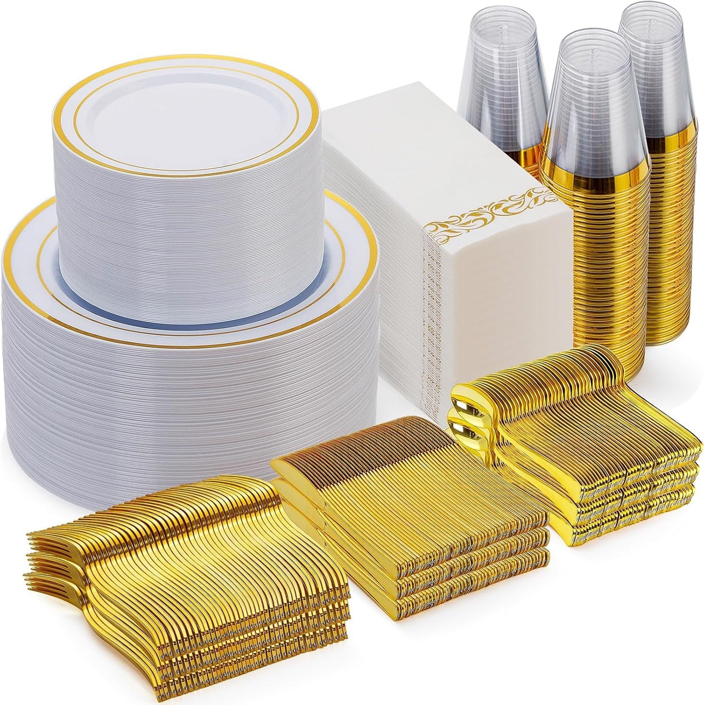 Goodluck 700 Piece Gold Dinnerware Set for 100 Guests, Disposable Plate Set
