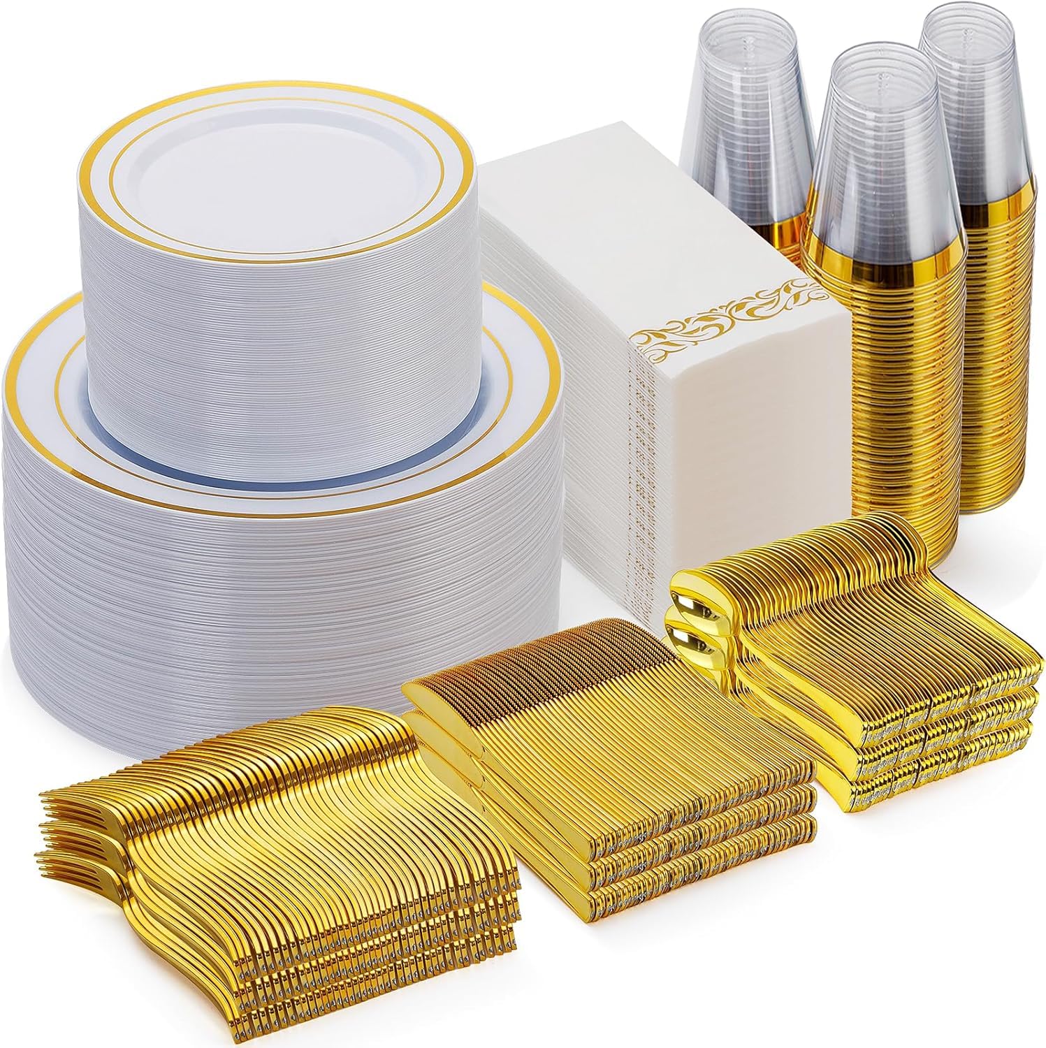 Goodluck 700 Piece Gold Dinnerware Set for 100 Guests, Disposable Plate Set
