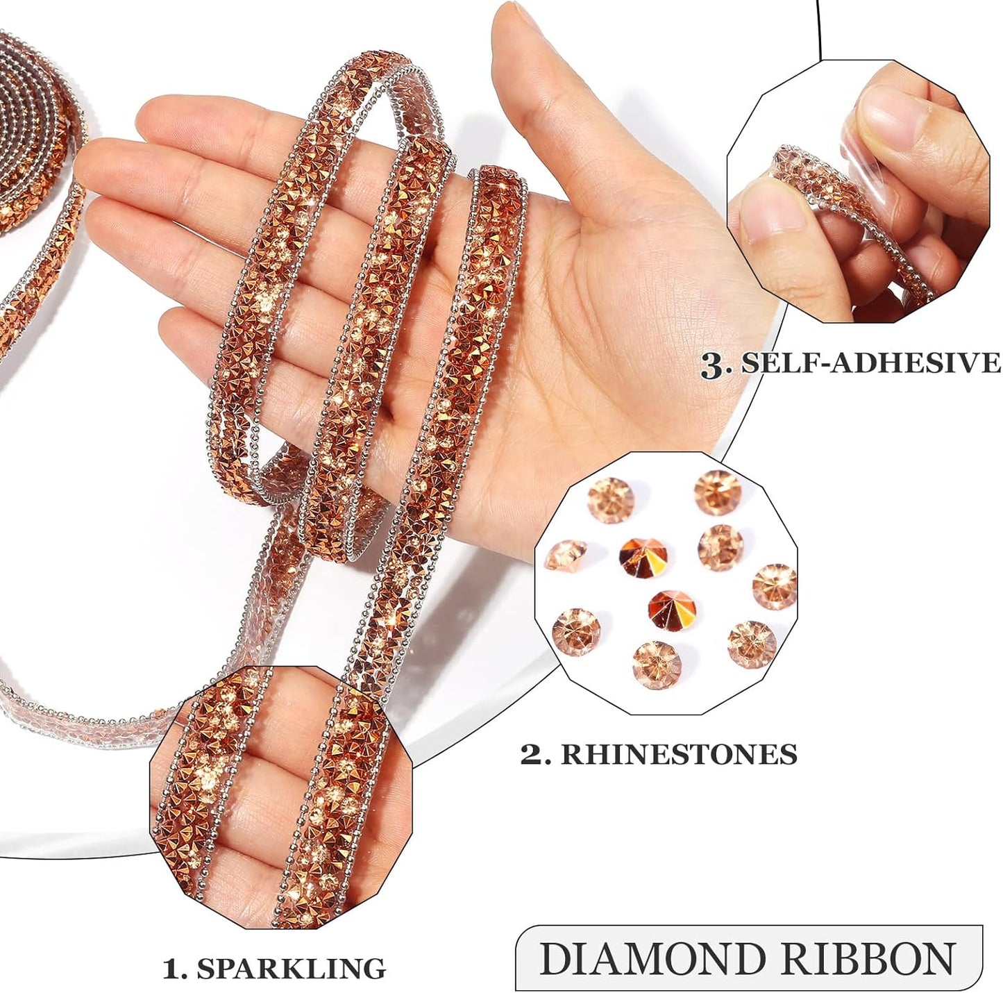 Rhinestone Ribbon 3 Yards Self Adhesive Rhinestone Strips Diamond Ribbon Sticker Crystal Roll Glitter Bling Rhinestones Tape for Crafting DIY Art Decoration (Rose Champagne,0.4 Inch)