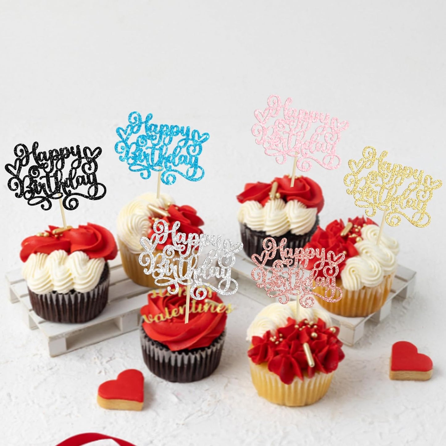 Gyufise 24Pcs Happy Birthday Cupcake Toppers Glitter Happy Birthday Cupcake Picks for Celebrating Happy Birthday Anniversary Theme Party Cake Decorations Supplies Black Pink Blue