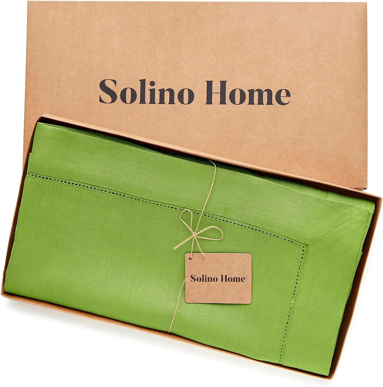 Solino Home Linen Tablecloth for Rectangle Tables 60 x 108 Inch - Classic Hemstitch 100% Pure Linen Lime Green Table Cloth - Machine Washable Cloth Tablecloth