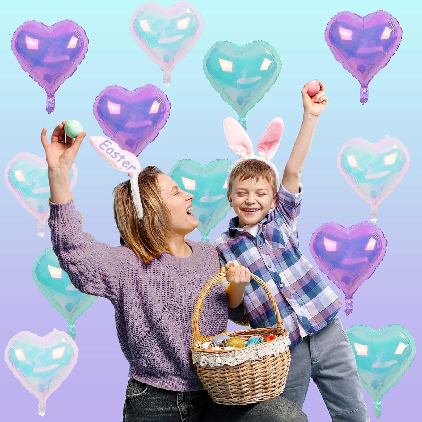 Iridescent Heart Balloons, 12Pcs 18Inch Transparent Crystal Heart Foil Balloon, Gradient Iridescent Pink Purple Green Balloon for Girls Women Princess Mermaid Birthdays Wedding Easter Party Decoration