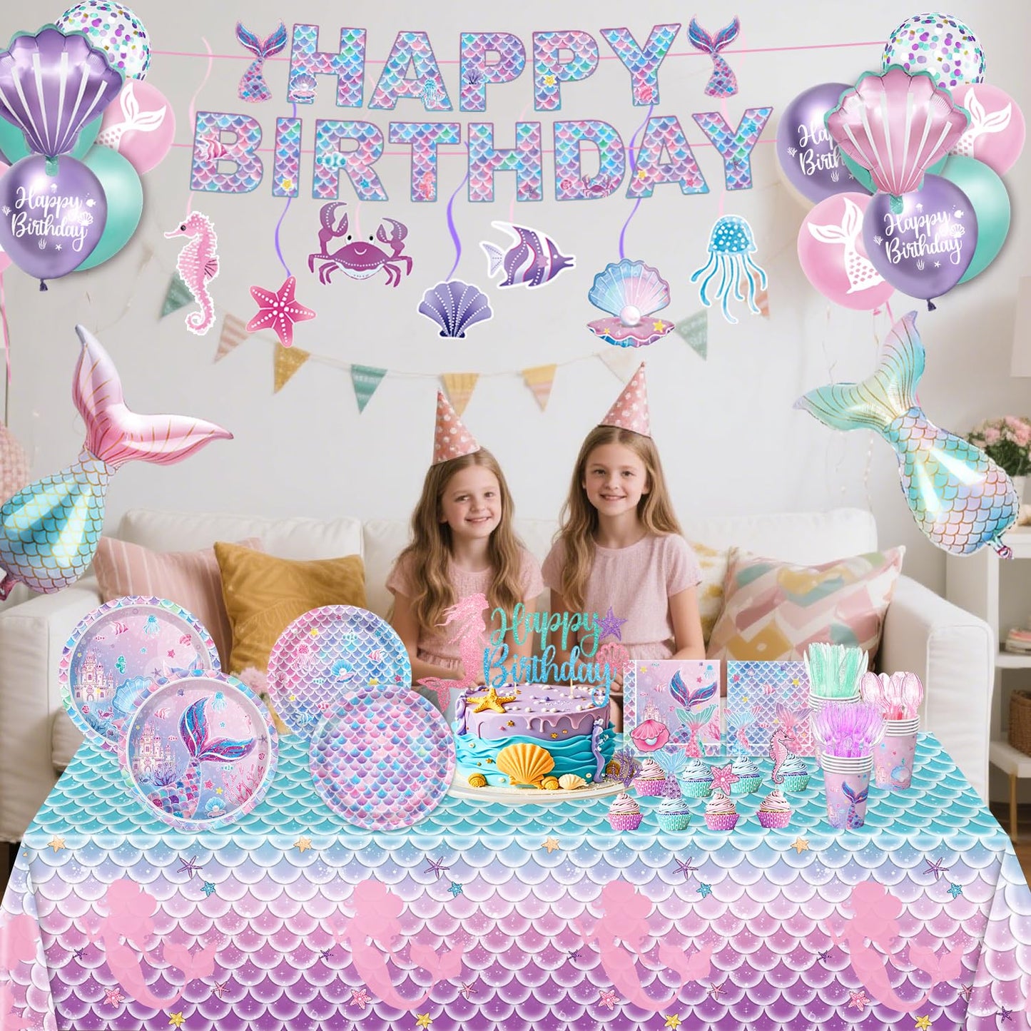 NKPDAXM Mermaid Birthday Decorations Include Plates, Napkins, Cups, Cutlery, Hanging Swirls