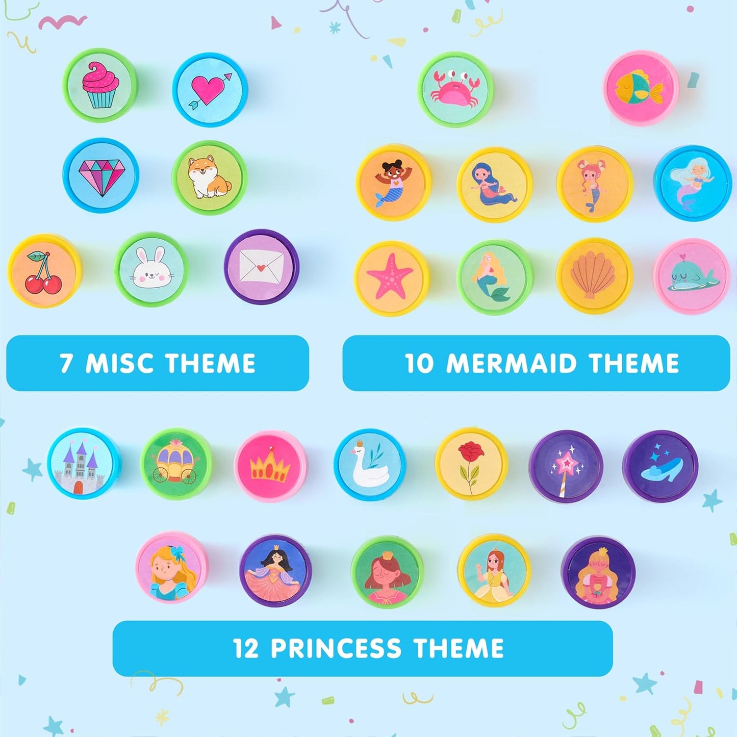 JOYIN 50 Pcs FairyTale's Themed Stamps for Kids - Self-Ink Stamps with 50 Designs for Birthday Party Favor, Carnival Prizes, Goodie Bag, Halloween, Christmas (Mermaid, Princess, Unicorn Stampers)