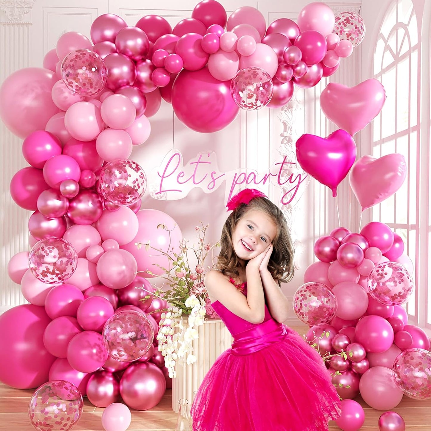 Hot Pink Balloon Garland Arch Kit,150Pcs Baby Pink and Metallic Magenta Balloon Pink Confetti Balloons with Heart Foil Balloons for Girls' Birthday Princess Wedding Baby Shower Party Decorations