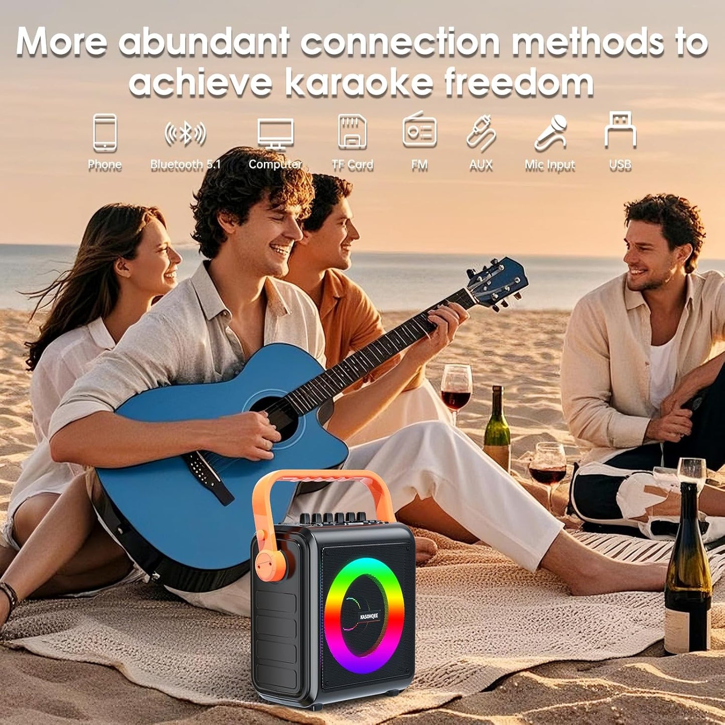 Karaoke Machine,8000mAh Portable Bluetooth Speaker with 2 Wireless Microphones for Adults & Kids,Microphone Speaker Set with Lights,Supports for TF Card,AUX in,FM,REC,for Parties,Outdoor,Home (HBL100)