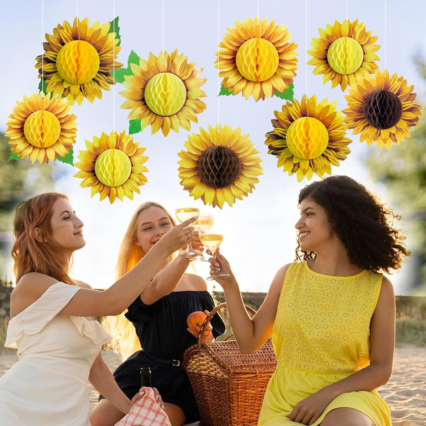 SUNBEAUTY 9 PCS 10 Inches Sunflower Decorations for Party 3D Large Honeycomb Hanging Paper Decorations Birthday Yellow Ceiling Wall Tissue Flowers Summer Fall Sunflower Farm Paper Flowers Decorations