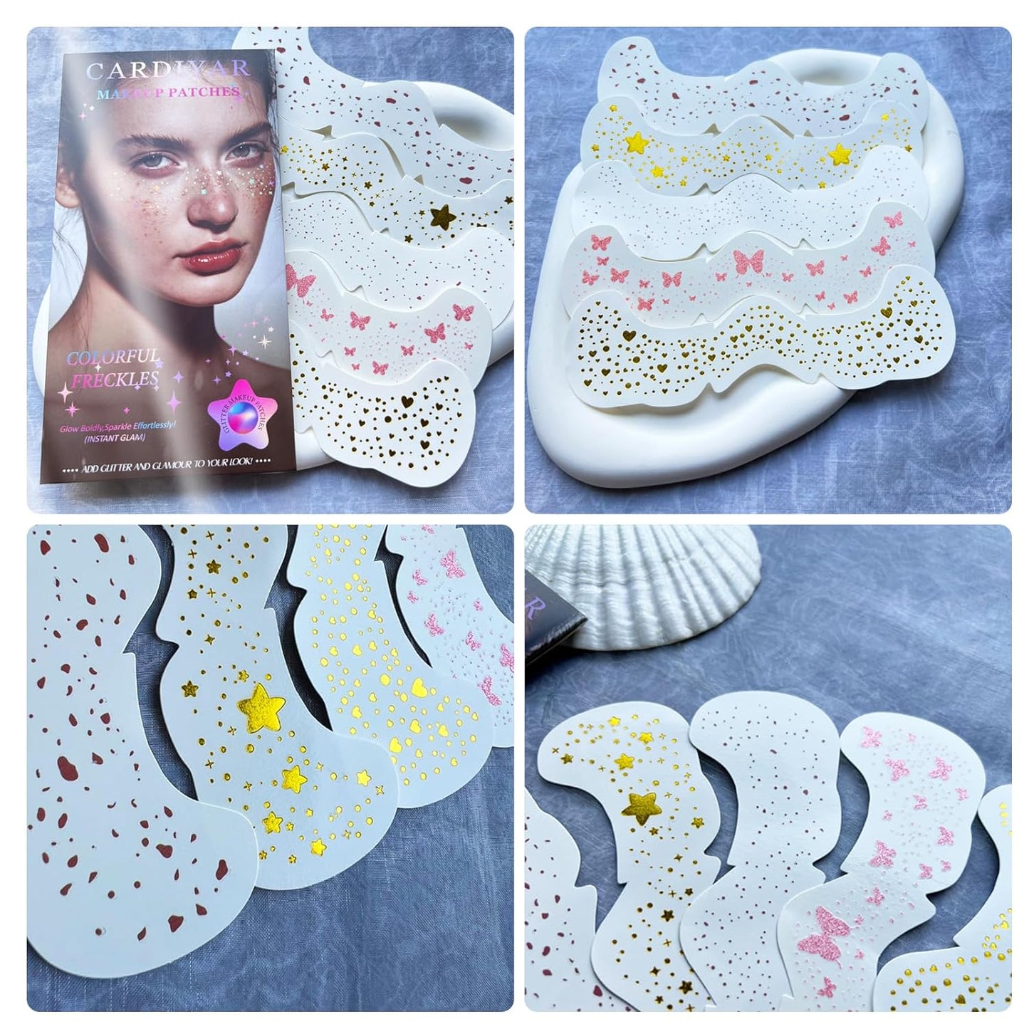 Glitter Freckles, 24PCS Glitter Freckles Face Tattoo, Sparkle Freckles for Women, Waterproof Gold Temporary Face Tattoos Glitter Glow Up Patches Makeup Patches (Multicolored 10pcs)