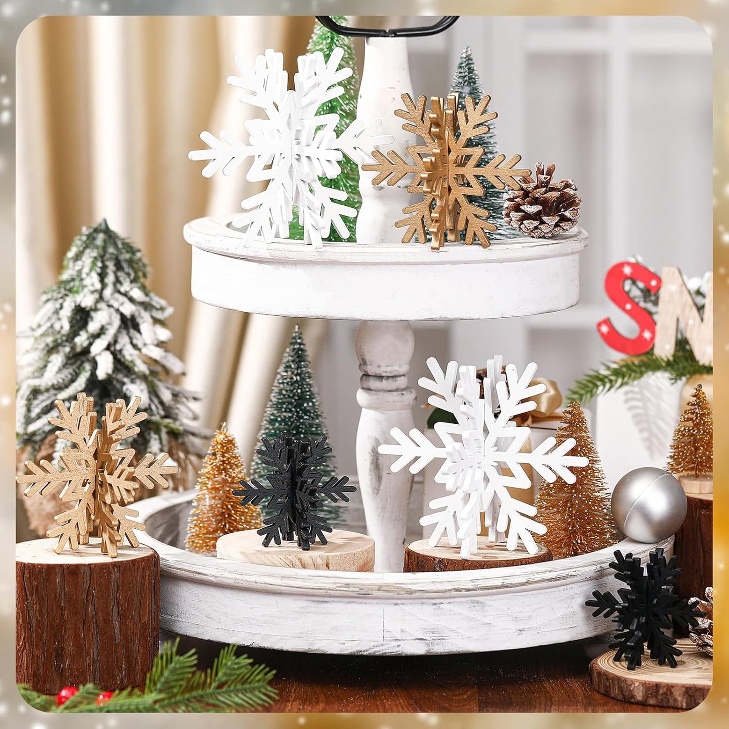 Bucherry 12 Pcs Wooden Snowflake Table Decor 3D Snowflake Tabletop Signs and Centerpiece for Christmas Xmas Winter Wonderland Decorations Home Party(White, Gold, Black)
