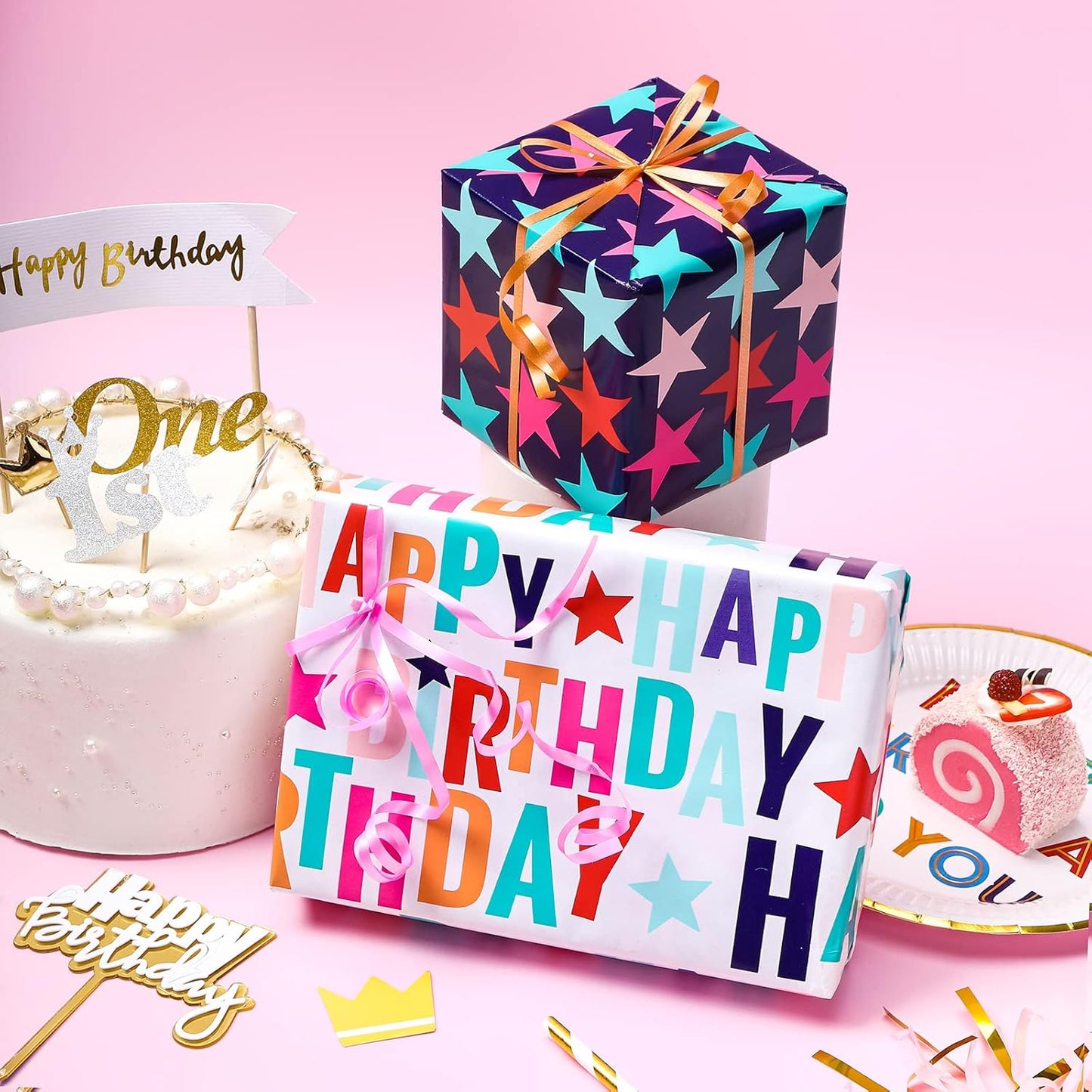 LeZakaa Reversible Stars Birthday Wrapping Paper Roll, Happy Birthday Lettering & Colorful Star, for Boys Girls, Mini Roll, 17 inches x 32.8 Feet (46.45 sq.ft.)