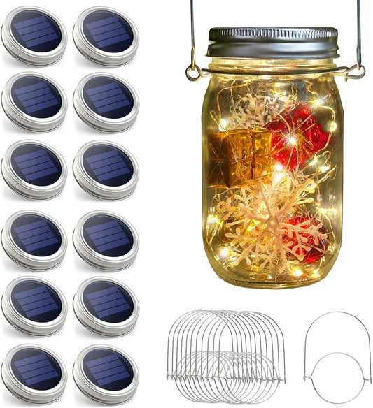 Urvoix Solar Mason Jar Lights - 12 Pack 30 Led Waterproof Jar Lids String Lights with 12 Handle, Perfect for Outdoor Garden Backyard Decorations