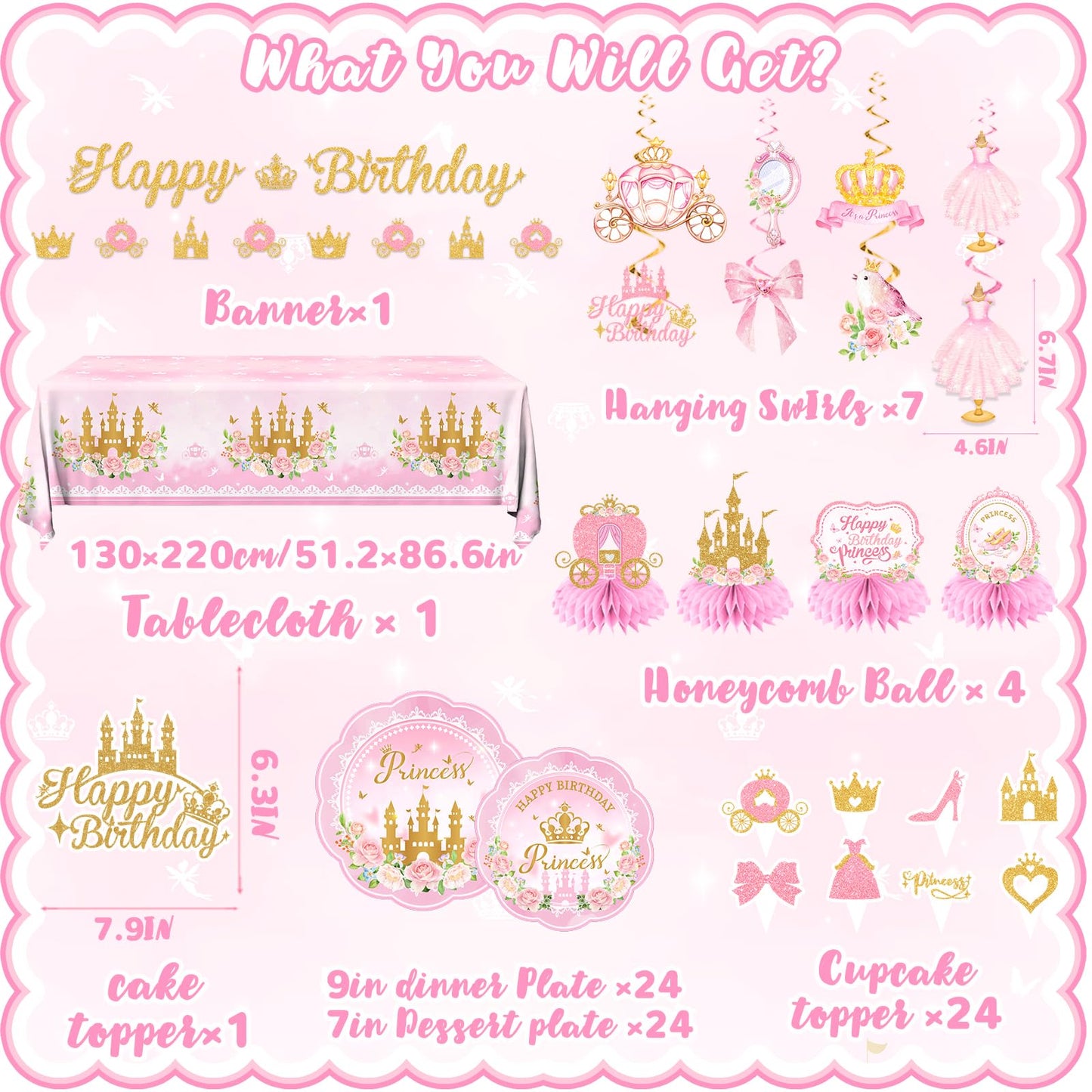 196Pcs Princess Birthday Party Decorations Serves 24,Pink Princess Birthday Themed Tableware