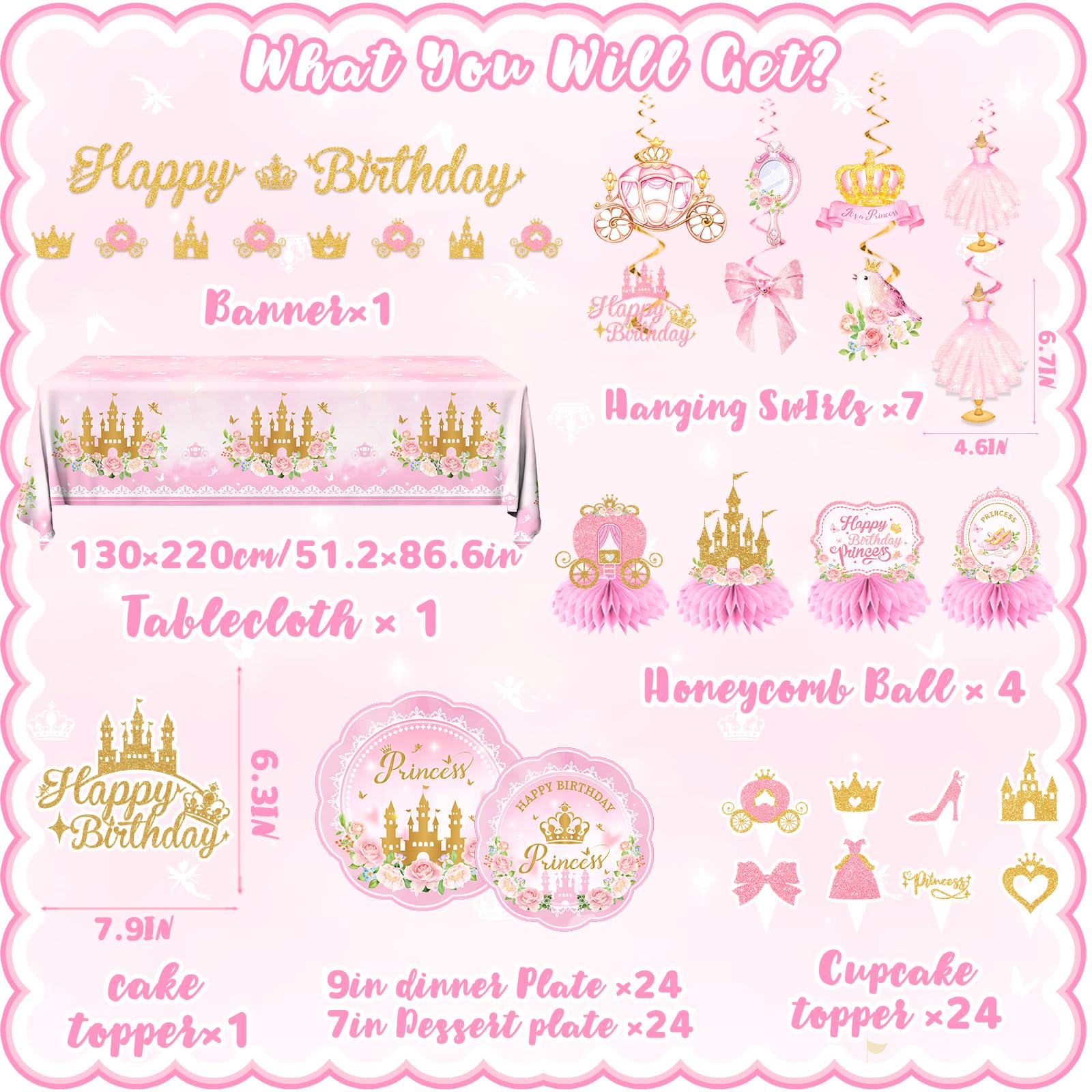 196Pcs Princess Birthday Party Decorations Serves 24,Pink Princess Birthday Themed Tableware