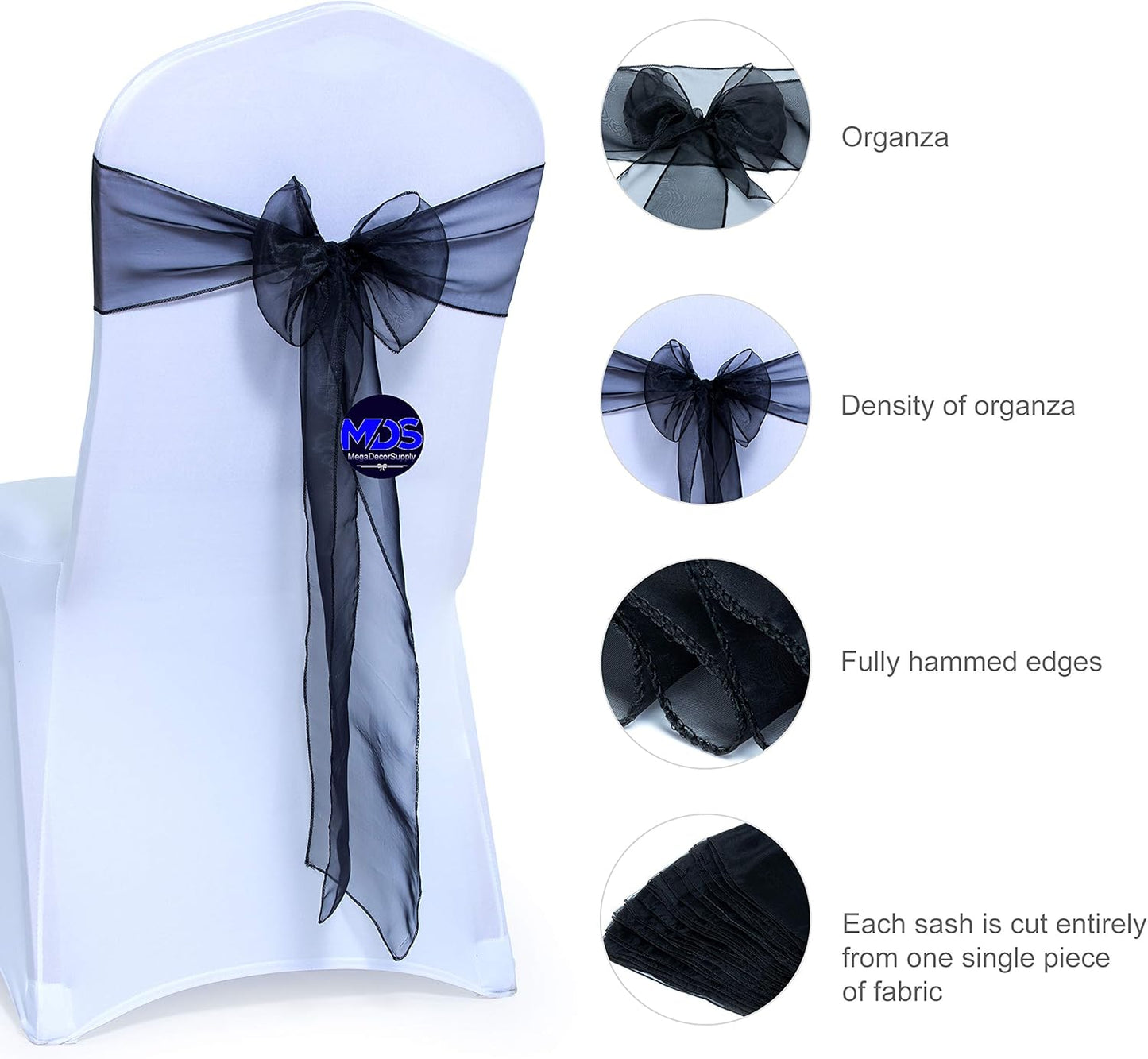 MDS Pack of 300 PCS Organza Chair Sashes Wider Dining Chair Bows Ribbon Tie Back for Wedding Party Birthday Bridal Shower Reception Event Banquet Home Chair Cover Decoration - Black