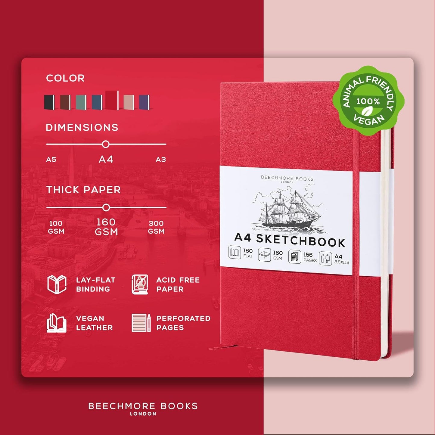 Beechmore Books A4 Sketchbook ??8.5x11 Premium Vegan Leather Bound Large Sketch Book Hardcover with 156 Thick 160gsm Perforated Ivory Pages, Blank Sketch Pad, Gift Boxed, Back Pocket, Ribbon Bookmark