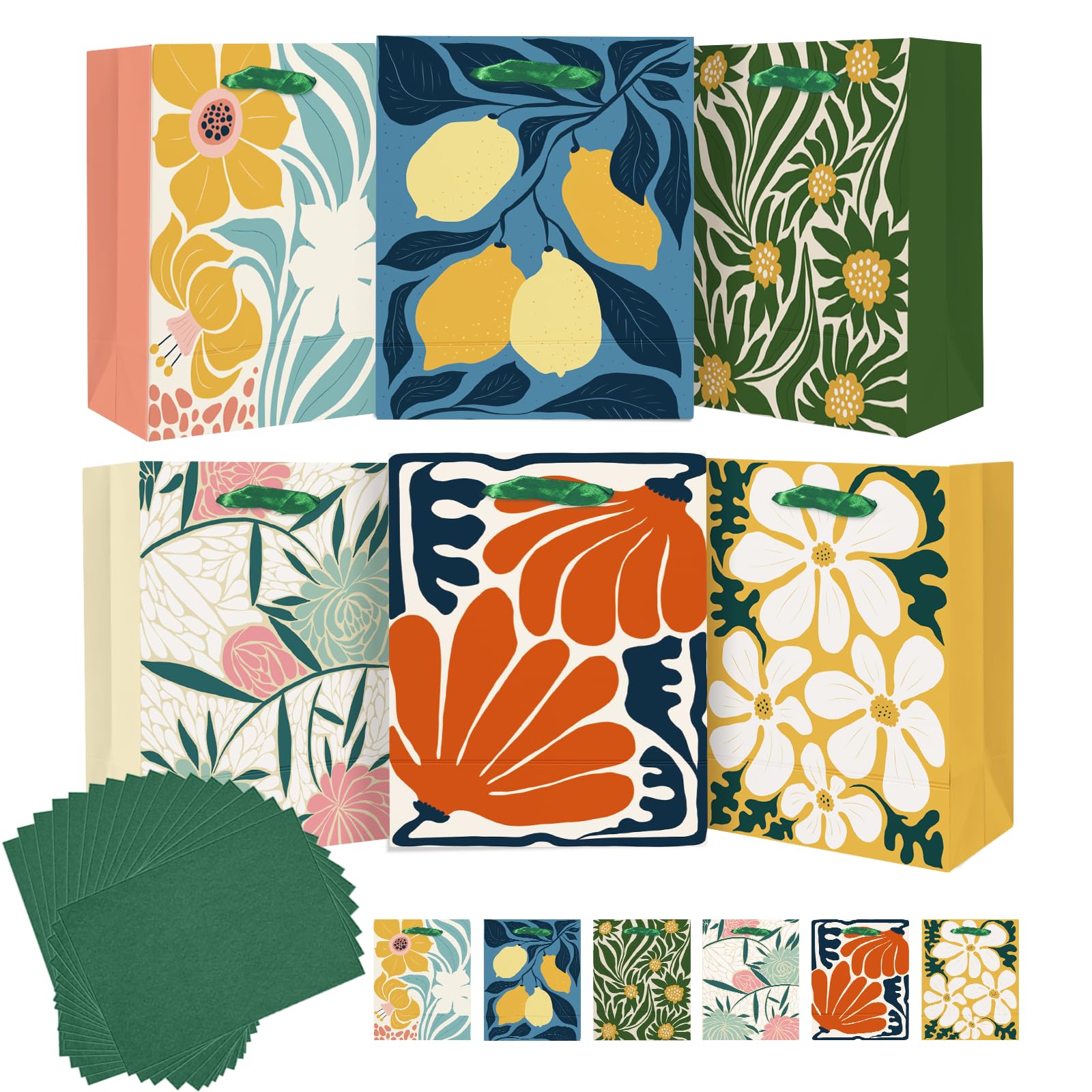 qiqee 7.9"x4.3"x9.6" 6PCS Clash Flowers Paper Gift Bags with Tissue Paper Handles Medium Size Bags（