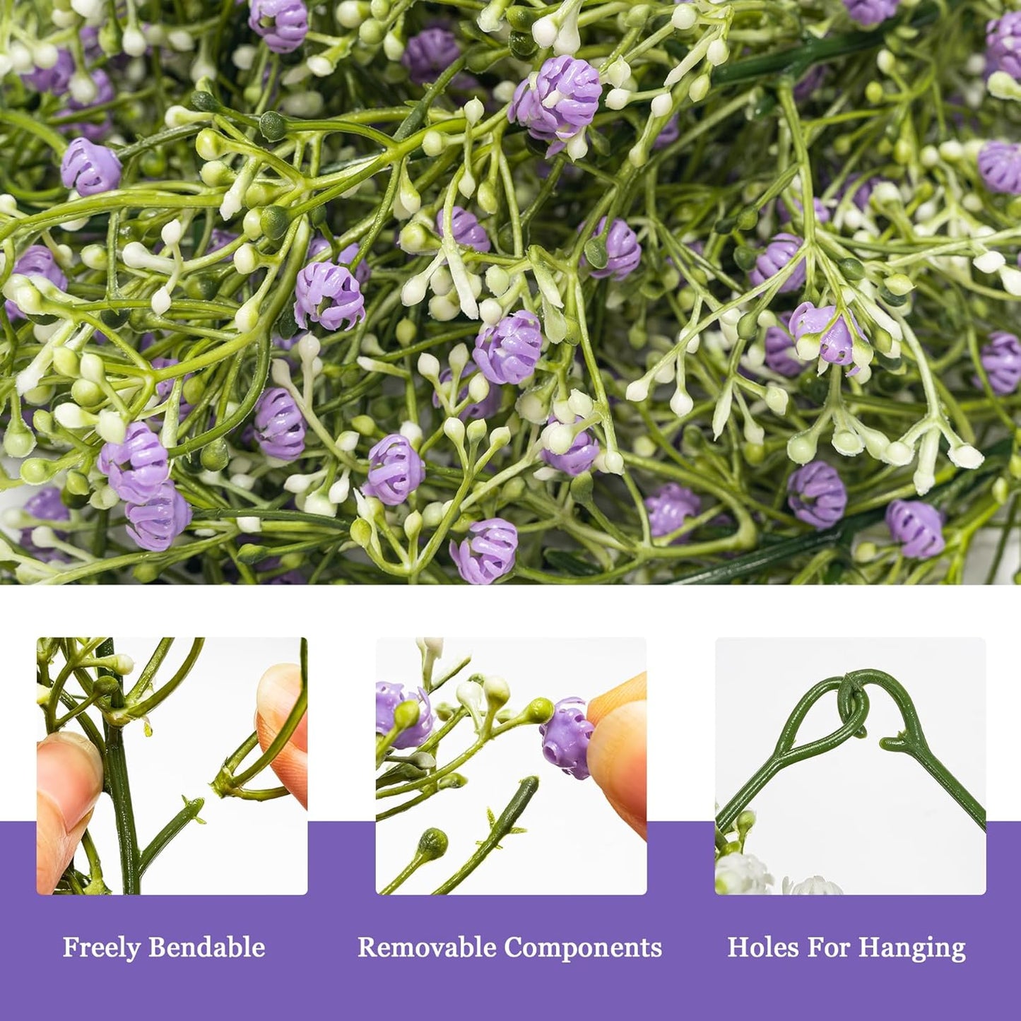 Artificial Baby Breath Flower Vines, Babys Breath Artificial Flowers Real Touch Faux Gypsophila Hanging Fake Baby's Breath Garlands for Wedding and Baby Shower Decor 2Pcs 5.8ft（Purple）