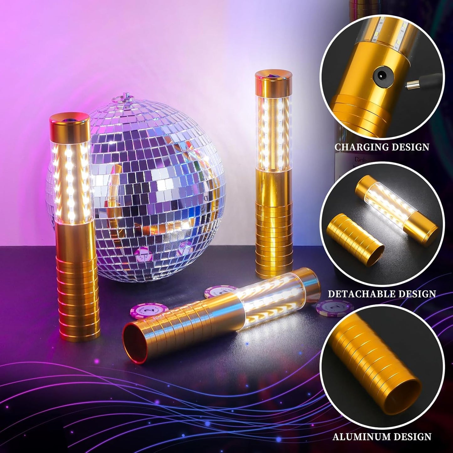 8 Pieces LED Strobe Baton Light Rechargeable Bottle Service Sparklers Stick Reusable Champagne Bottle Handheld LED for Club Stage Nightclub Party Concert Event Bar Outdoor - Gold