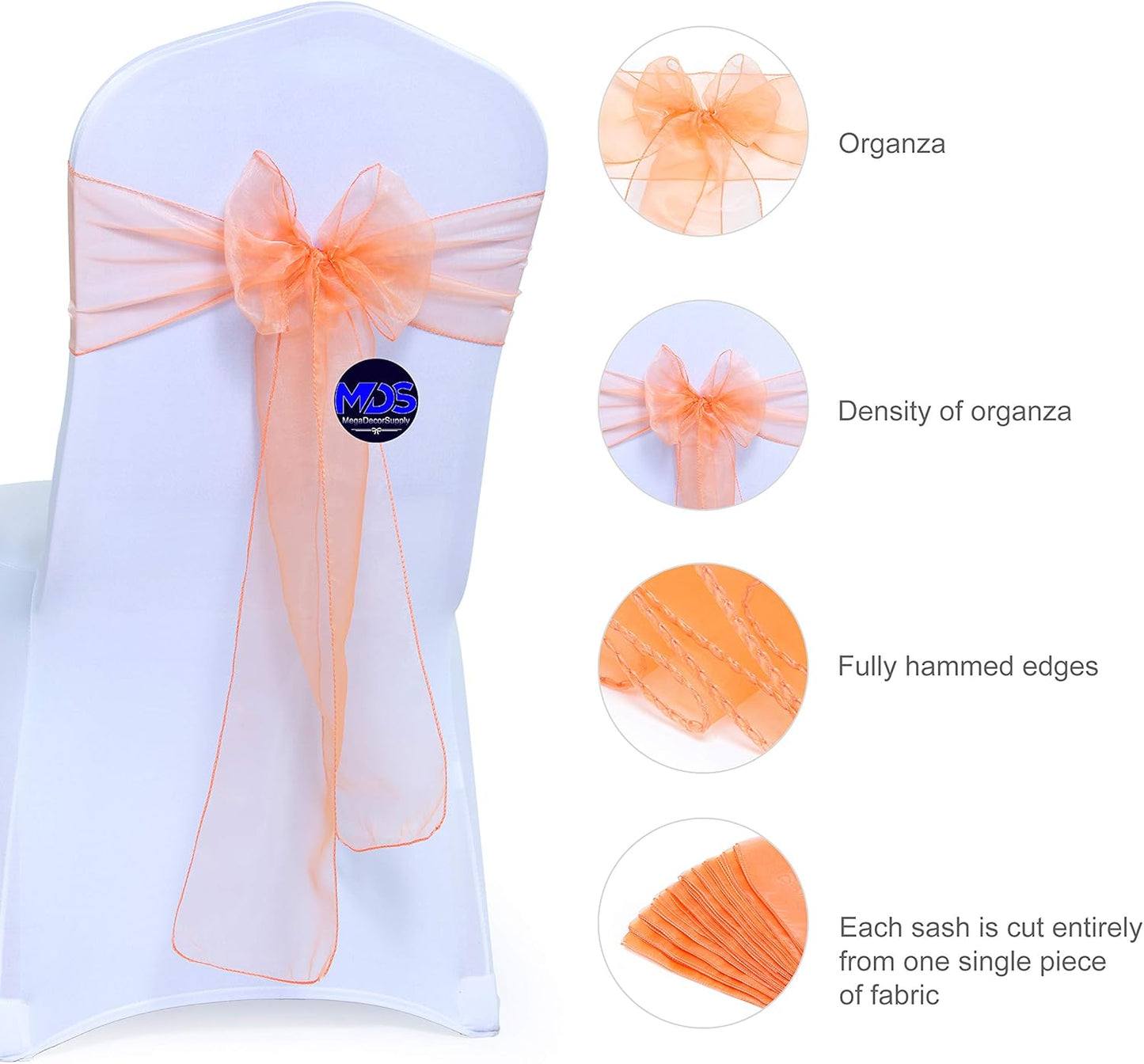 MDS Pack of 150 PCS Organza Chair Sashes Wider Dining Chair Bows Ribbon Tie Back for Wedding Party Birthday Bridal Shower Reception Event Banquet Home Chair Cover Decoration - Peach