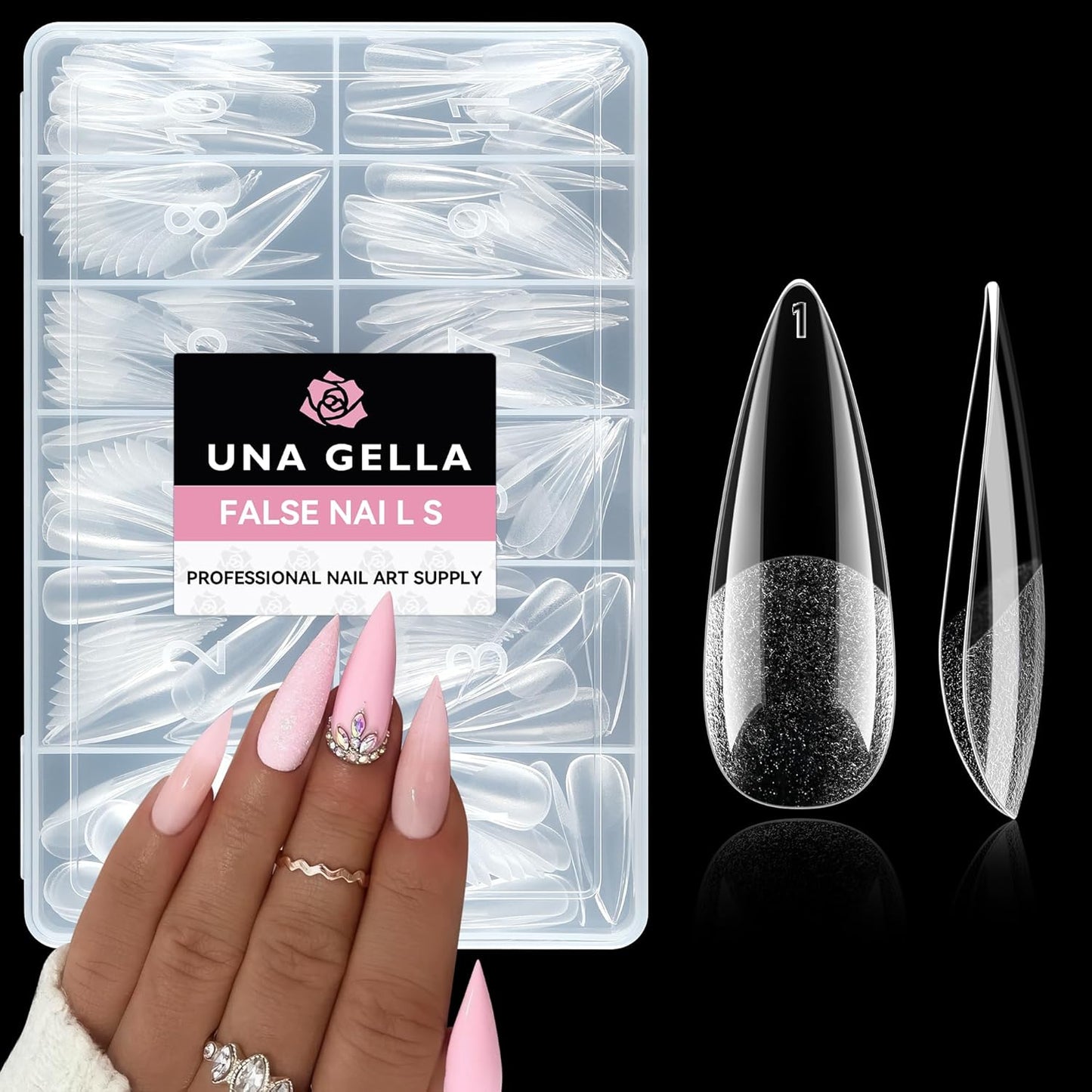 UNA GELLA Long Stiletto Gel Nail Tips: 216pcs Stiletto Almond Fake Nails Pre-Shape Long Almond Press Ons for Full Cover Acrylic French False Nails for Nail Extension Nail Art DIY Salon 12 Sizes