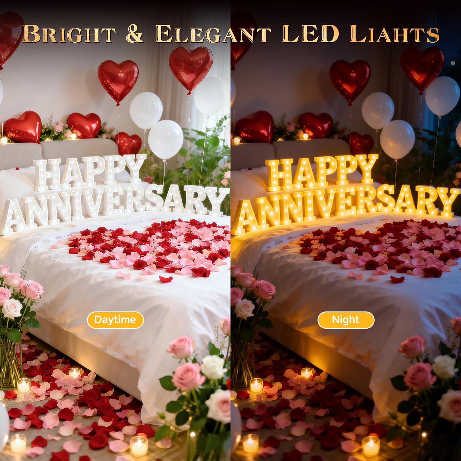 Peledic Happy Anniversary Decorations, Light up Letters Sign, with Rose Petals, Round Pearlescent