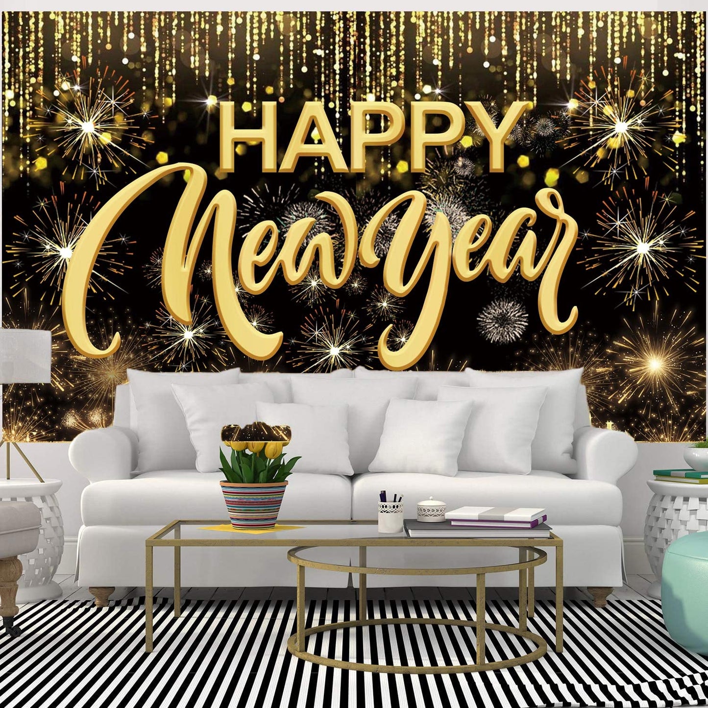 Happy New Year Hanging Extra Large Fabric Sign Poster Background Banner with Firework Pattern for