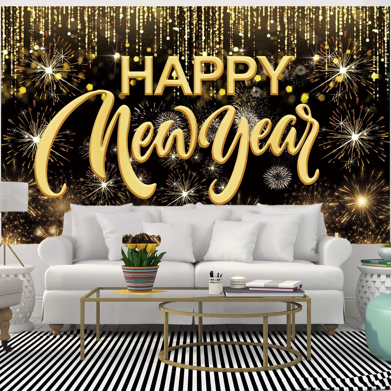 Happy New Year Hanging Extra Large Fabric Sign Poster Background Banner with Firework Pattern for