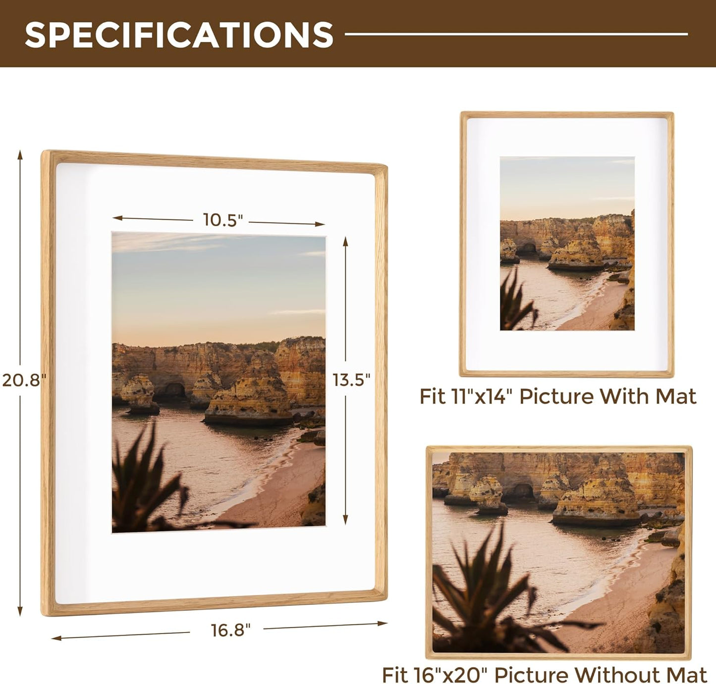 16x20 Frames USA-Sourced Natural Oak Wood Solid Wood Picture Frame Handcrafted Rounded Corner with Mat to 11x14 Display with Real Glass Family Picture, Wedding Picture