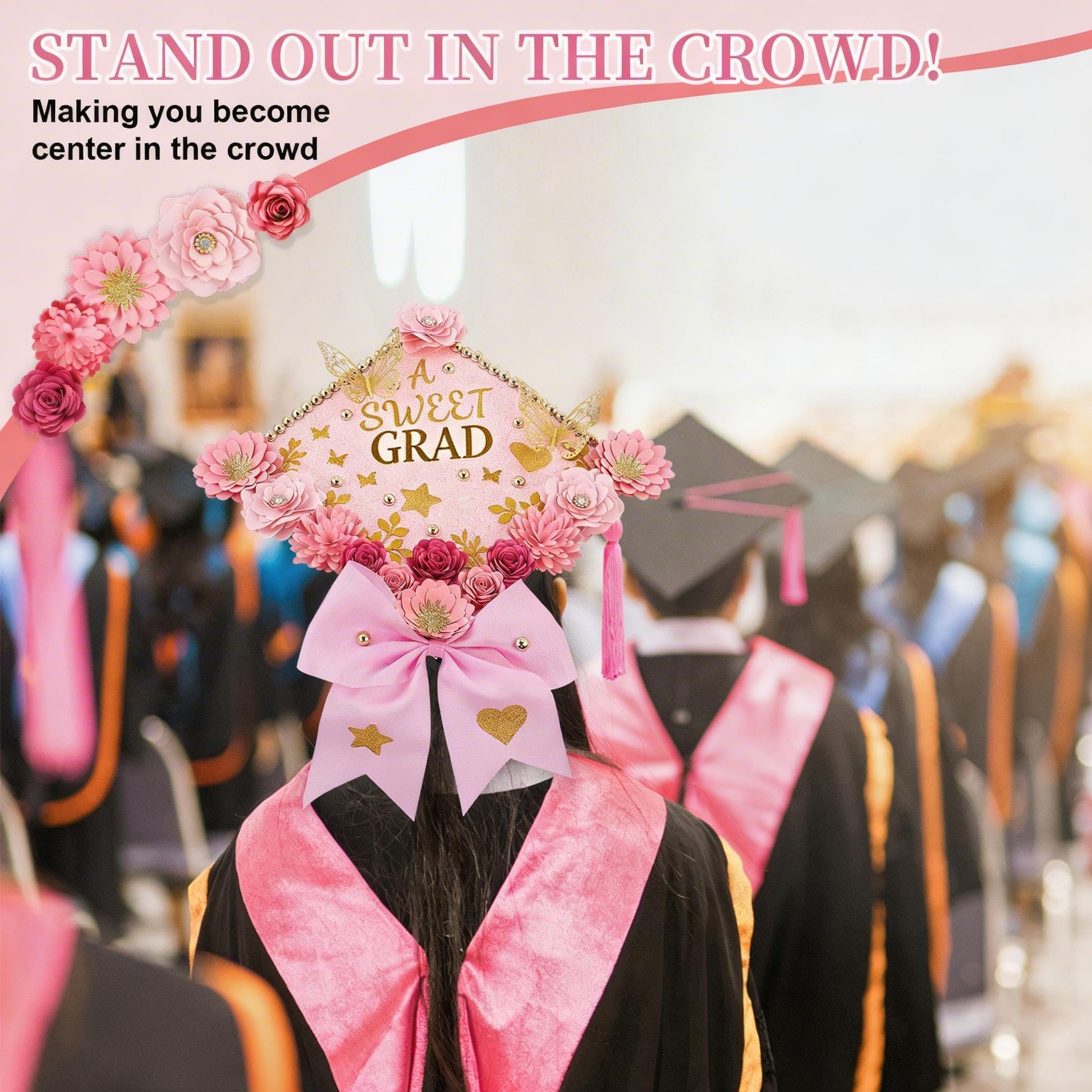 Premium Graduation Cap Topper Kit 2026 with 350g Glitter Cardstock Base - 3D Paper Flowers