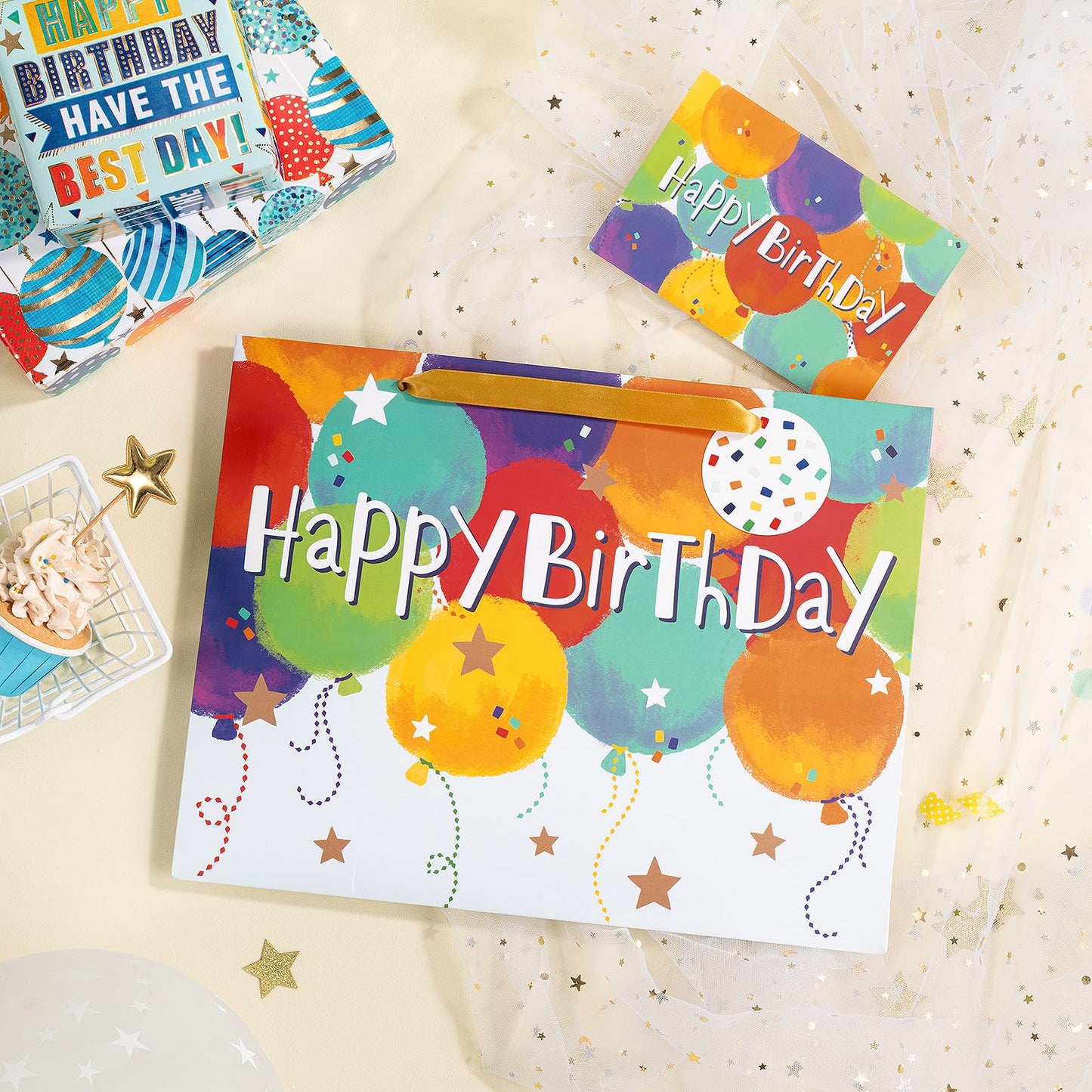 Loveinside Colorful Birthday Gift Bag, Balloons Pattern with HAPPY BIRTHDAY Text, Matching Tissue