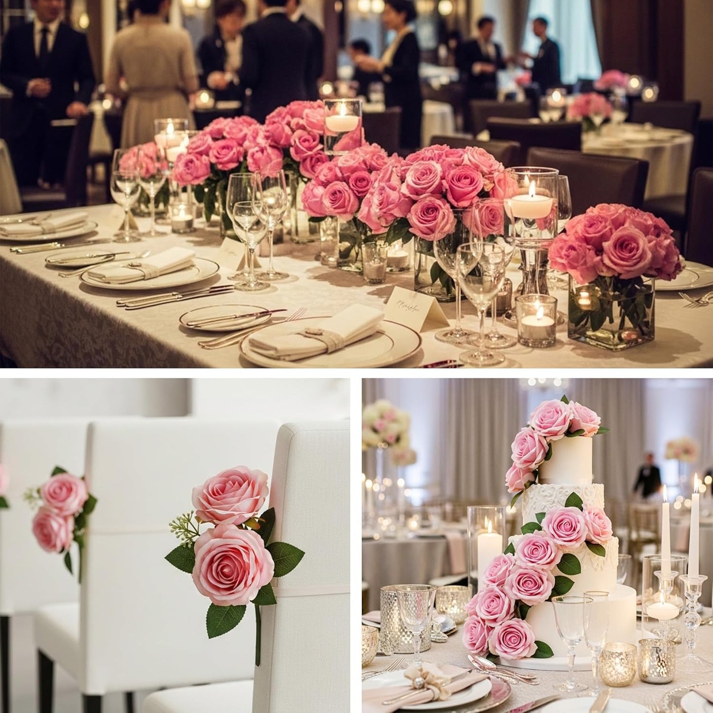 Auihiay 60PCS Pink Roses, Artificial Roses, Velvet Silk Fake Roses, Realistic Pink Artificial Flowers for Wedding Centerpieces, Bridal Bouquets, Home Decor, Anniversary, Valentine's Day Decorations