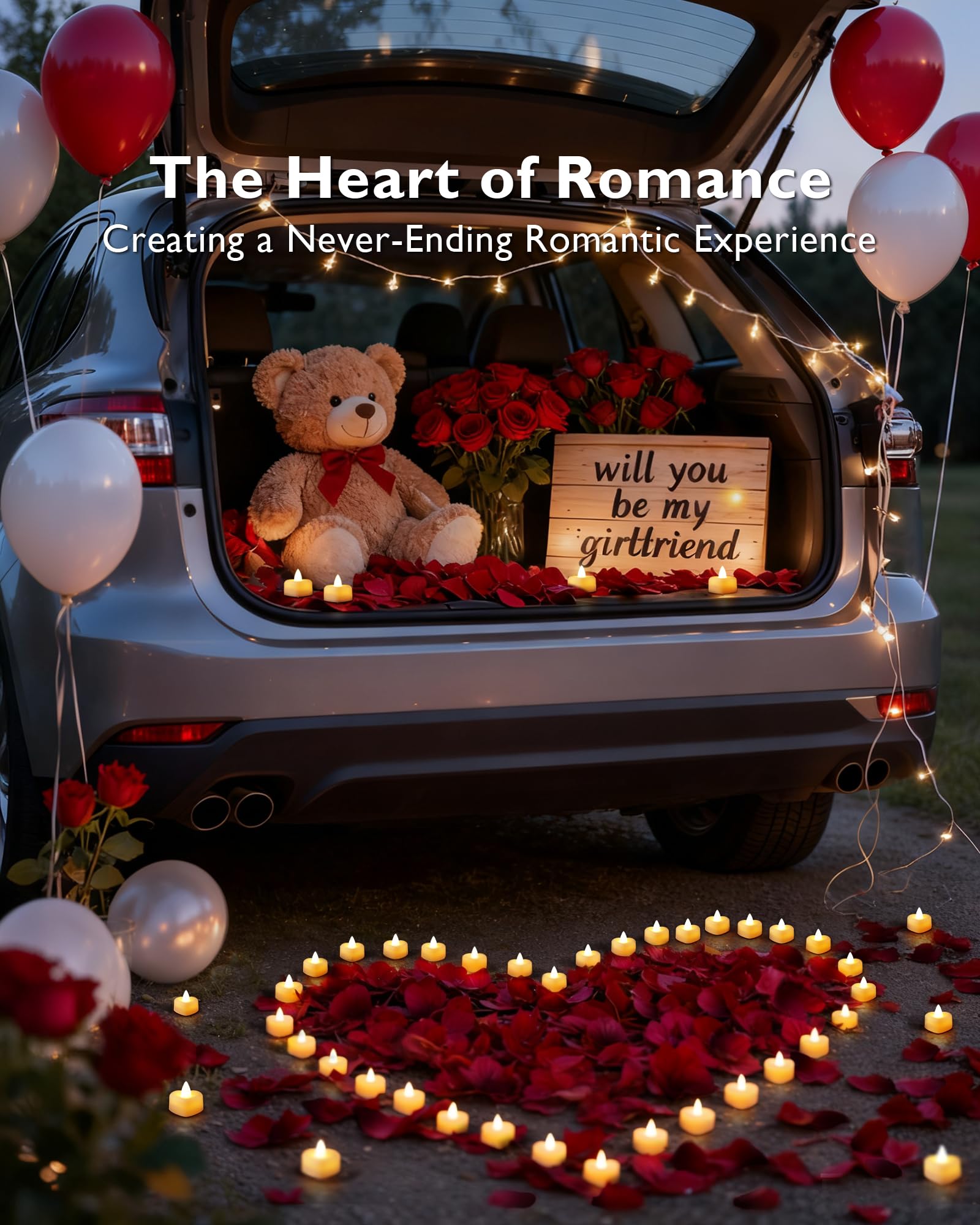 Amagic 1000 Pieces Artificial Rose Petals with 12 Heart LED Tea Lights Candles Kit, Rose Petals and