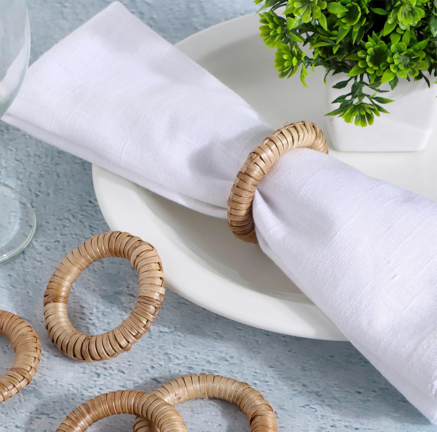 Woven Napkin Rings Set of 12 - Handmade Rattan Napkin Holders for Farmhouse Table Décor, Rustic Holiday Dining, Wedding, Thanksgiving, Christmas & Everyday Use (Natural) - CLEENTABLE