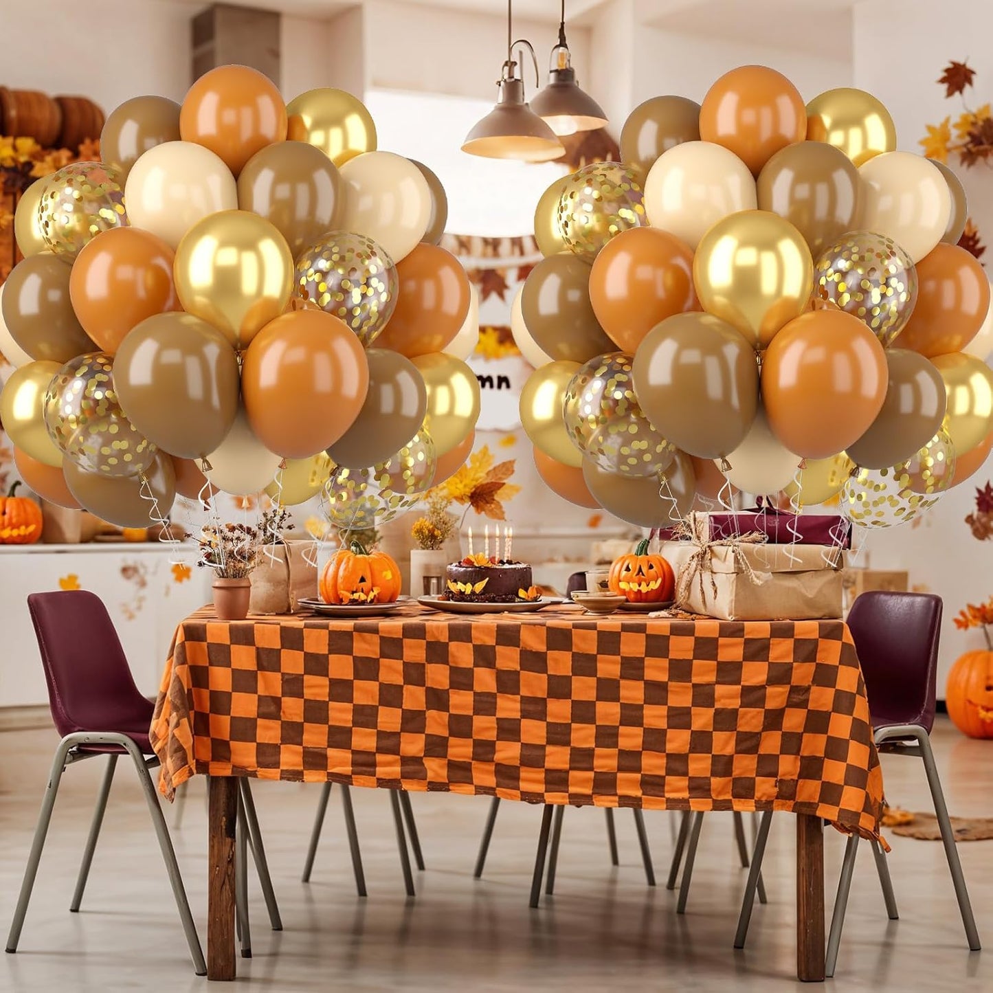 Fall Balloons, 52 PCS Brown Burnt Orange Autumn Balloons with Pumpkin & Maple Leaf Printed Balloon, Brown Sand White Balloon for Thanksgiving Gradution Pumpkin Baby Shower Fall Party Decorations
